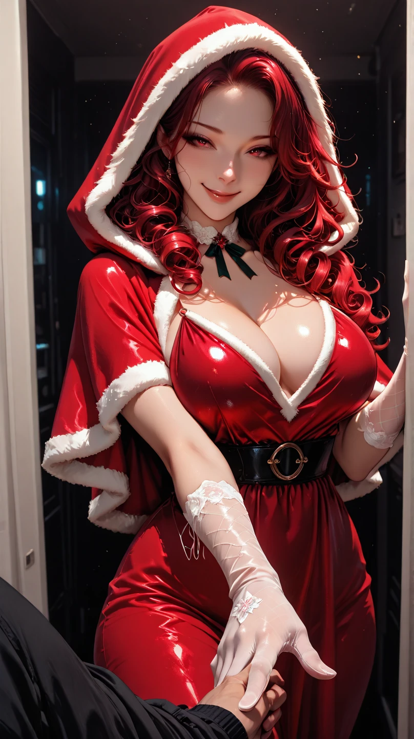 Woman, super hero, long red hair, santa claus helper latex suit, sheer tights