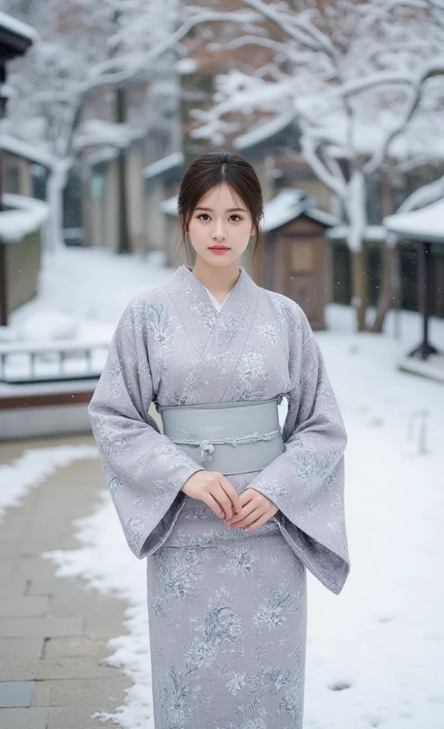 (Super beautiful woman in kimono)、((best qualtiy、8k masterpieces:1.3))、foco nítido:1.2、(ultra beautiful faces:1.0)、(shinny skin:1.0)、photos realistic、A dark-haired、Video Lighting、High-definition eyes and face、Video Lighting、Japanese actressl、from the front side、medium breasts、With a happy smile、Slender Abs Beauty、Whole body、wearing kimonos、In a snowy landscape in the middle of winter