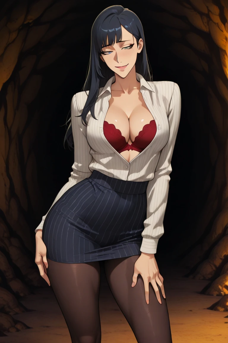 a beautiful detailed black kitsune girl, long black kitsune ears, multiple black kitsune tails, black and red sexy office outfit, 8k, anime style, red eyes, big breasts, extremely detailed eyes and face, ultra-detailed, 4k, high quality, vibrant colors, warm fire, long black hair, short skirt, mature woman, wide waist