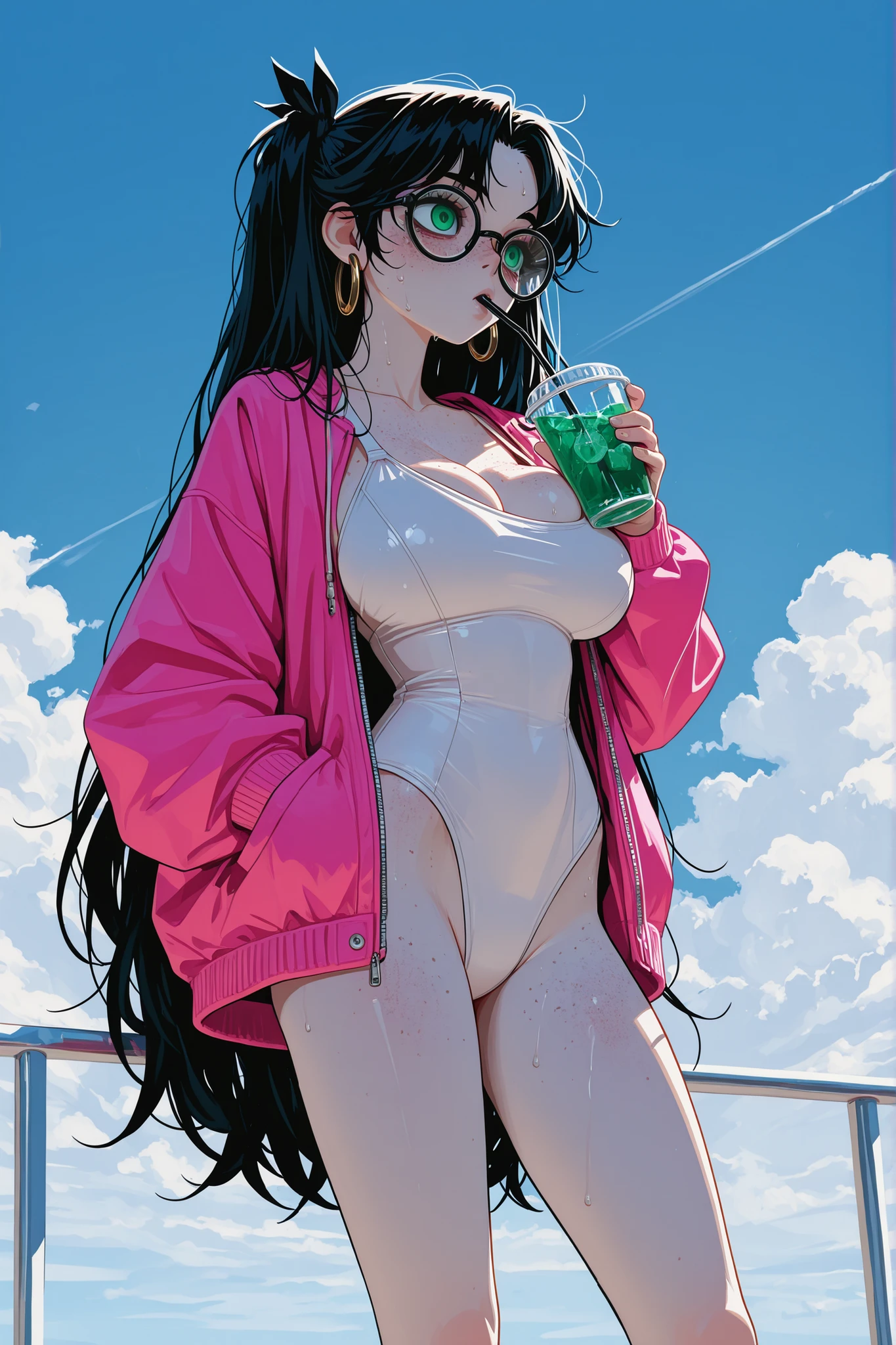 ((masterpiece)), ((ultra quality)),(highly detailed), high-quality CARTOON illustration, 2D, clean lineart, cel-shaded, vibrant colors, soft shading, SEMI REALISTIC ,1girl, solo, pale skin, freckles, sweat, emerald eyes, horny eyes, huge eyes, nerdy round eyeglasses, very long hair, black hair, parted bangs, hair ribbon, black ribbon, hoop earrings, large breast, puffy breast, saggy breast, collarbone, casual one-piece swimsuit, white one-piece swimsuit, jacket, pink jacket, open jacket, two side down, hand in pocket, holding a cup, drinking, drinking straw, drinking straw in mouth, long legs, perfect legs, sky, swimsuit, blue sky, cloud, highly detailed background