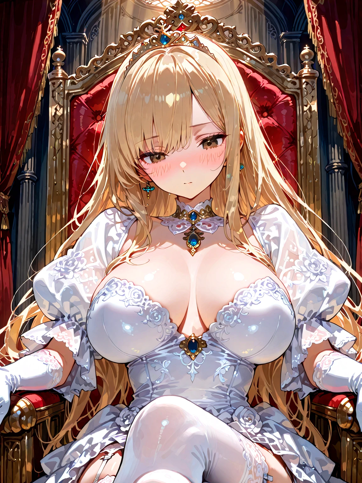 1girl, 1boy, forced, throne room, blonde hair, blue eyes, hime cut, princess, tiara, white dress, blush, tsundere, one  out, detailed background, incredibly absurdres, highres, masterpiece, newest