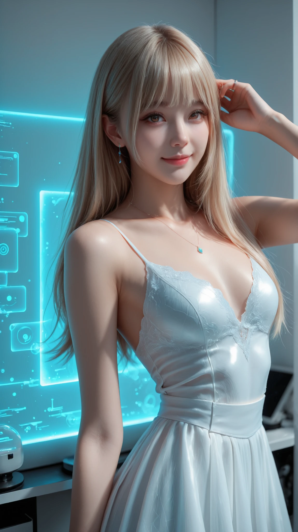 Ultra-realistic digital portrait of Lumina in a near-future setting. a young Japanese girl. She stands in a bright high-tech room with soft holographic ambient light. No character-shaped holograms, no humanoid projections, no figurines.

Lumina has **straight-cut bangs (front bangs) covering her forehead**, soft and natural.  
Her hair is **ash blonde, silky, and extremely long — reaching fully to her waist with clear length and volume visible**.  
The hair catches subtle holographic reflections and maintains a natural, realistic texture. She has pretty small breasts.

Her deep brown eyes, upturned eyes look directly into the camera with a warm, serene expression. staring at the viewer straight. smiling softly and gently.

She wears a modern white futuristic dress with a clean silhouette and **navy accent lines** along the seams.  
The material is matte and lightly reactive to ambient light. 

Around her chest level float **abstract, non-figurative hologram UI elements** — translucent panels, geometric rings, waveform displays, light grids, thin glowing lines, and subtle icons.  
Explicitly no dolls, no humanoid holograms, no character shapes.

Holograms appear as flat or semi-flat UI elements with soft blue-white glow reflecting gently on her dress and skin.

Lighting mixes soft daylight with cool futuristic glows.  
Realistic skin texture, detailed fabric rendering, and high-fidelity shading prioritized. 8k. best quality.