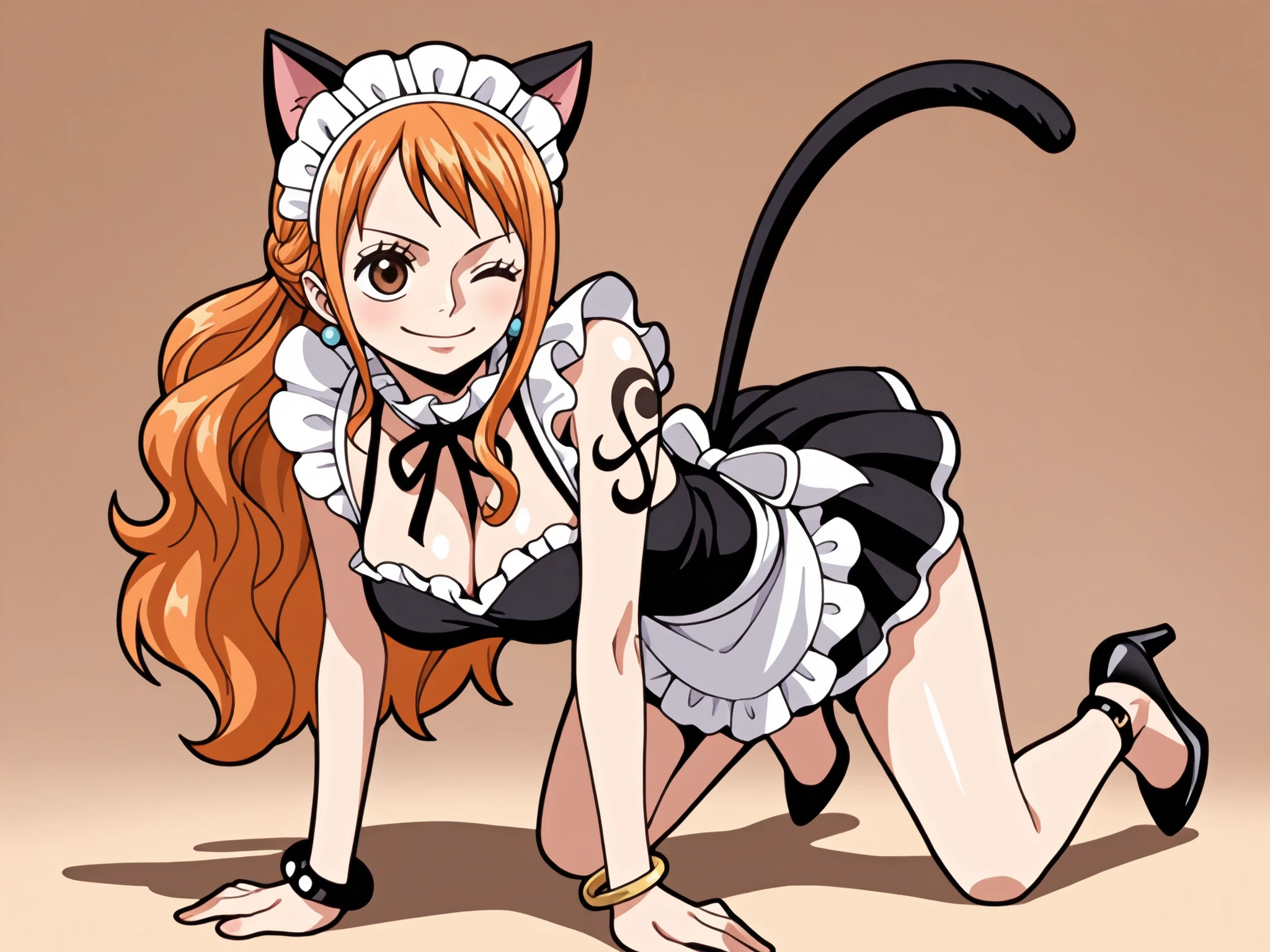 Cat Ears Maid Outfit, earrings,  high heels just for him, bracelet,  tattoo , orange hair, masterpiece,  healthy look 、 One Piece Nami、dynamic、PORTRAIT、Beautiful Backdrop Ocean and Windmill、[camera]、smile、 close one eye、Full Body、has thousands of flowers blooming on the background、clean on all fours、active cybernetic eye