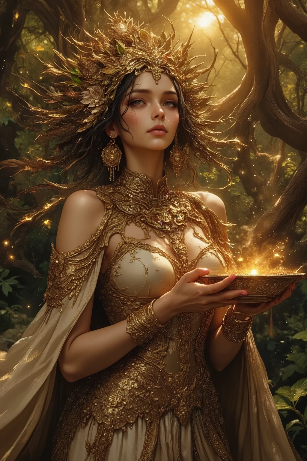 dazzling Amazonian queen, beleza perfeita, organic golden crown with leaves and mystical sparkles, standing side view 3/4, Serene and powerful expression, at the foot of the giant Sumaúma colossal roots forming monumental curves, golden light filtered through the cup, soft mist between the roots, fabrics flowing in the wind, Hyper-realistic details, sacred forest environment, atmosphere of natural royalty, lora,masterpiece, ultra-detailed, 8k
