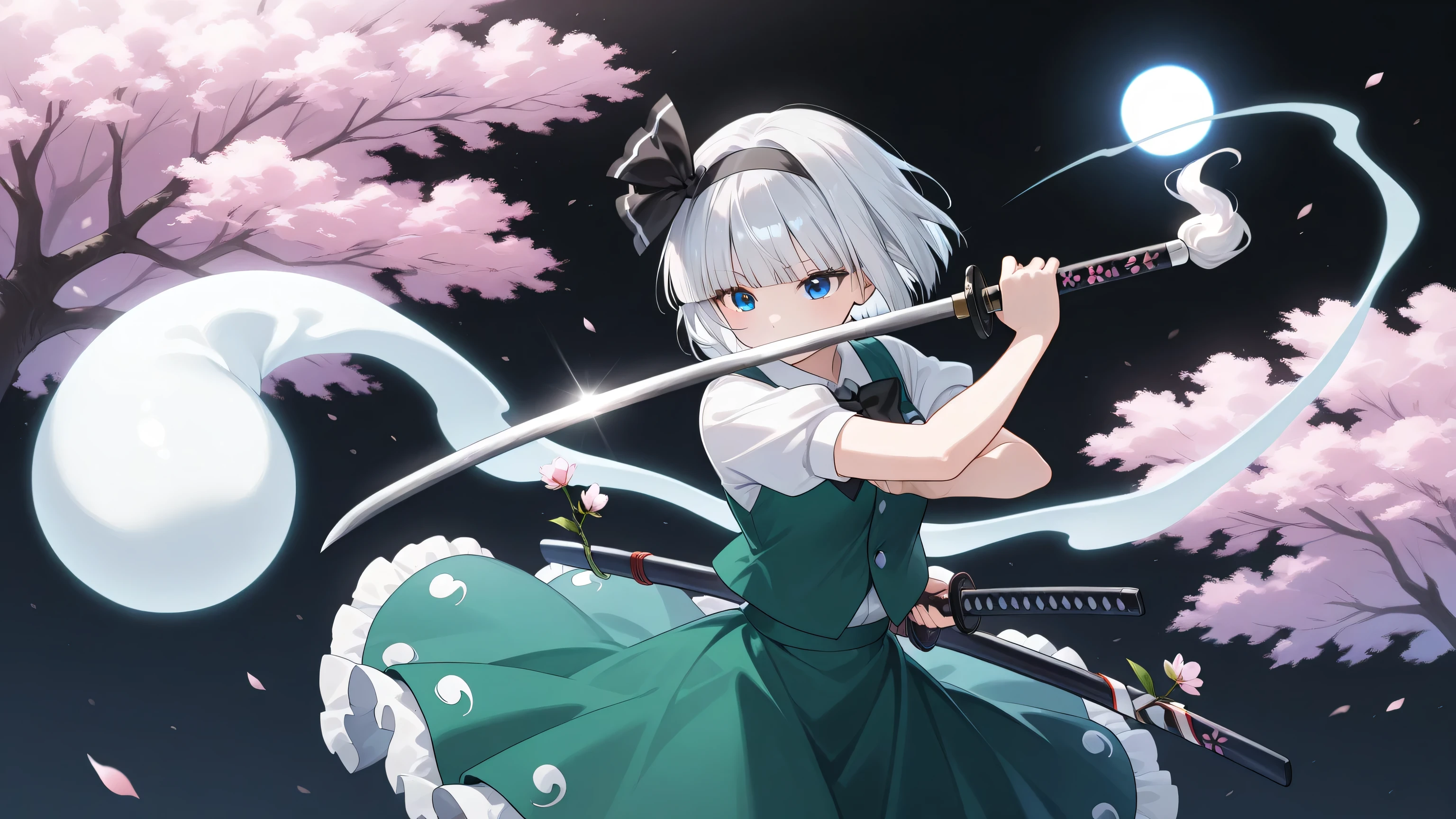 konpaku youmu, 1girl, solo, white hair, short hair, blunt bangs, blue eyes,,katana, ghost,,background A large cherry tree planted in a black space