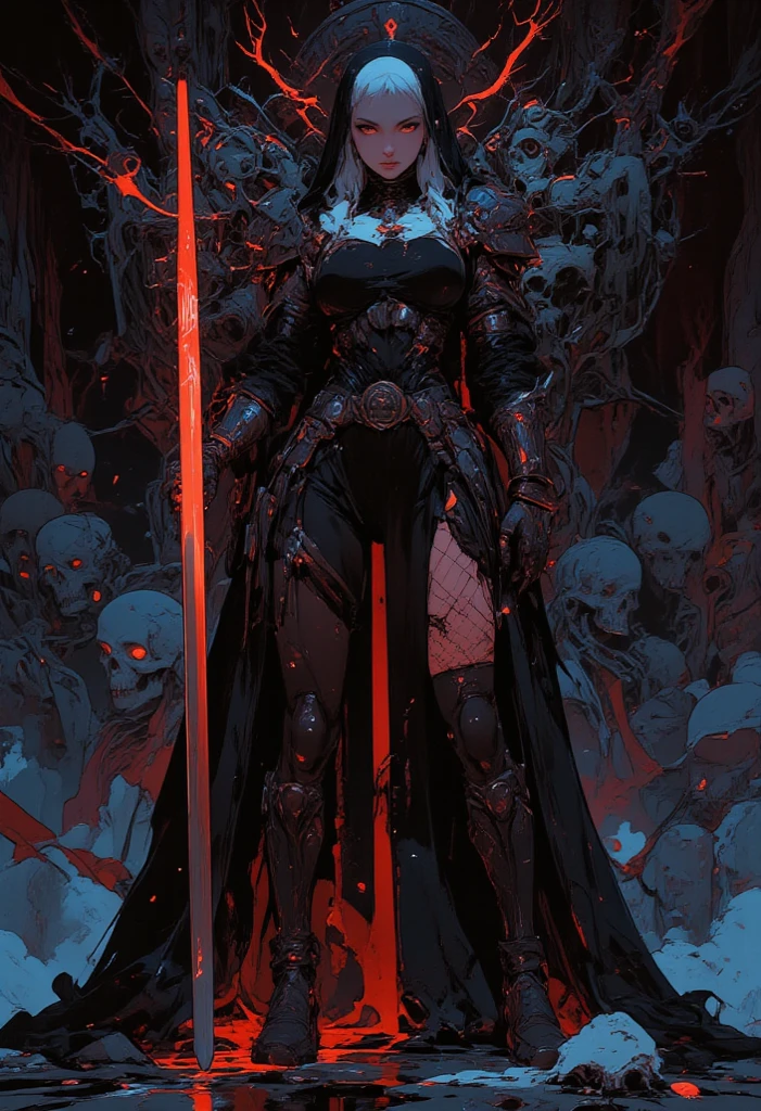 a dark and eerie night landscape, a haunting and foreboding atmosphere, dead trees, cracked earth, glowing red moon, ominous clouds, decaying, skeletal figures, horror, macabre, sinister, (masterpiece, top quality, best quality, ((no humans)), scenery, red theme, night)