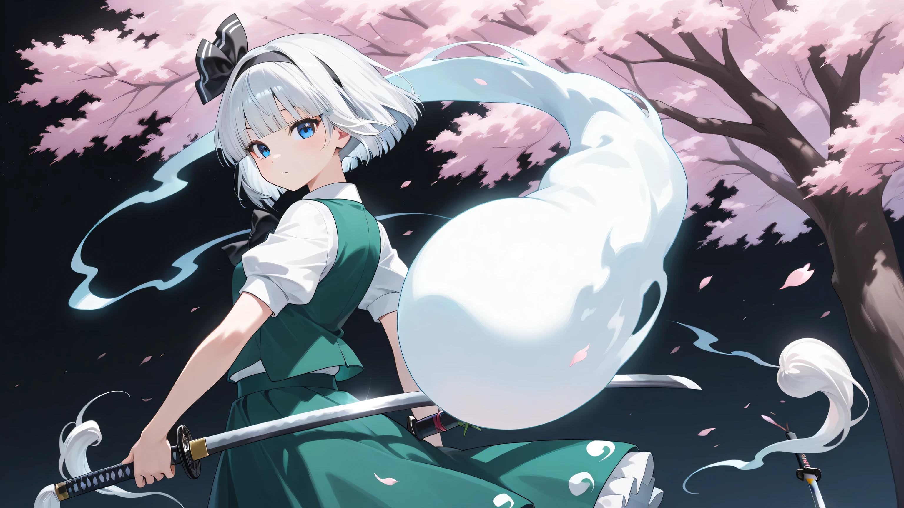 konpaku youmu, 1girl, solo, white hair, short hair, blunt bangs, blue eyes,,katana, ghost,,background A large cherry tree planted in a black space