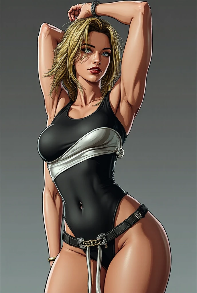 a seductive luxury escort, blonde with very short hair, with a modern fringe, your body is athletic with curves, shapely and toned legs, firm and large breasts, A perfect ass .