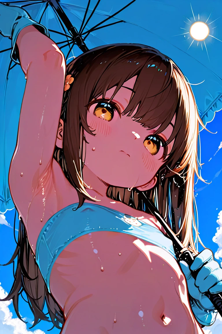 best quality,masterpiece,absurdres,newest,
(dramatic angle,dynamic angle,dynamic pose:1.3),
darktheme,softlighting,weaklight,
(xilmo:1.3,)(niji imai style:1.2),(wenjun lin:0.9) (niji aoai style:1.1),
(stronglighting:1.3),hardlighting,high-keylighting,
This digital anime-style drawing features a young woman with large blue eyes, fair skin, and shoulder-length brown hair styled in a messy bun with loose strands framing her face. She has a slender yet curvaceous physique with prominent breasts and a narrow waist. She is wearing a revealing black swimsuit with a plunging neckline that accentuates her cleavage, and a sheer white, ruffled, long-sleeve top tied at the front. The swimsuit is designed with side ties and a high-cut style, exposing her hips and part of her thighs. She accessorizes with a black choker around her neck and black nail polish on her fingers.
The background is a serene beach setting with gentle waves and a clear blue sky, slightly blurred to keep the focus on the subject. The lighting appears natural, with sunlight casting soft shadows and highlighting her figure, suggesting a bright, sunny day. The composition centers the woman, who is posed with one hand on her hip and the other resting on her thigh, creating a confident and alluring stance. The image uses a shallow depth of field, keeping the background elements out of focus to emphasize the subject.