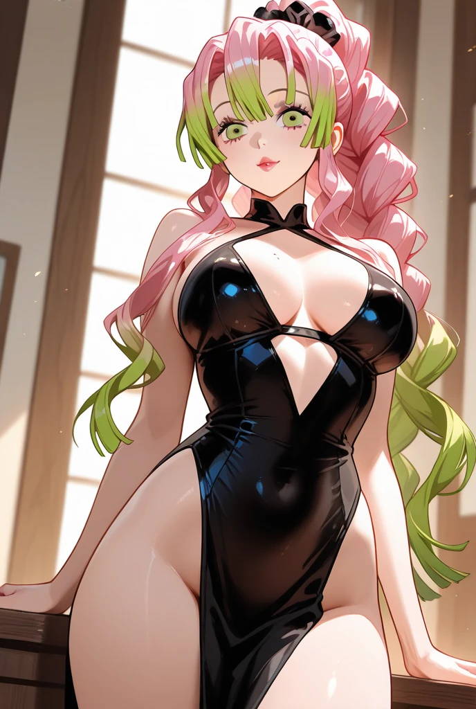 Mitsuri kanroji a young woman of average height, about 1.70 meters.
Slim and athletic figure build, with well-defined muscles and great flexibility. clear and smooth skin, with a pink tone that stands out on your face. large and expressive eyes, a striking lime green color.
hair: His hair is long and abundant, pink with a slight green gradient, hairstyle in two thick pigtails with curly ends. A peculiar detail is its two long eyelashes in each eye.. busty