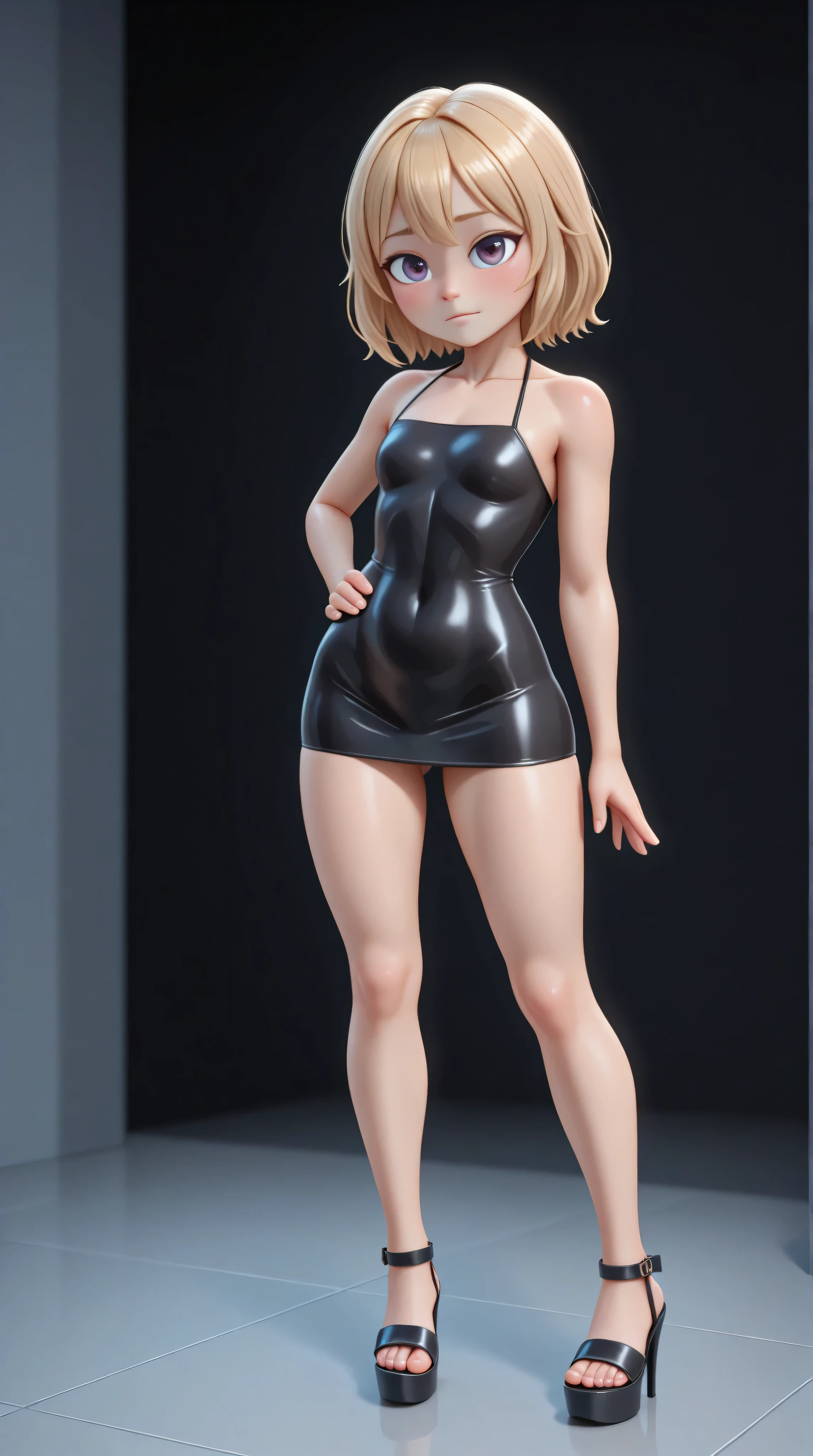 full body、little girl with golden blonde hair, long and wavy、presumed、look at the spectator、Standing、wearing black latex tube mini dress. sleeveless. bare shoulders, neck and collarbones visible without ornaments 、transparent platform high heel sandals、Standing with pose and shy expression 、Beautiful hands、beautiful fingers、High quality、masterpiece、hyper detailed. (Japanese Beauty )