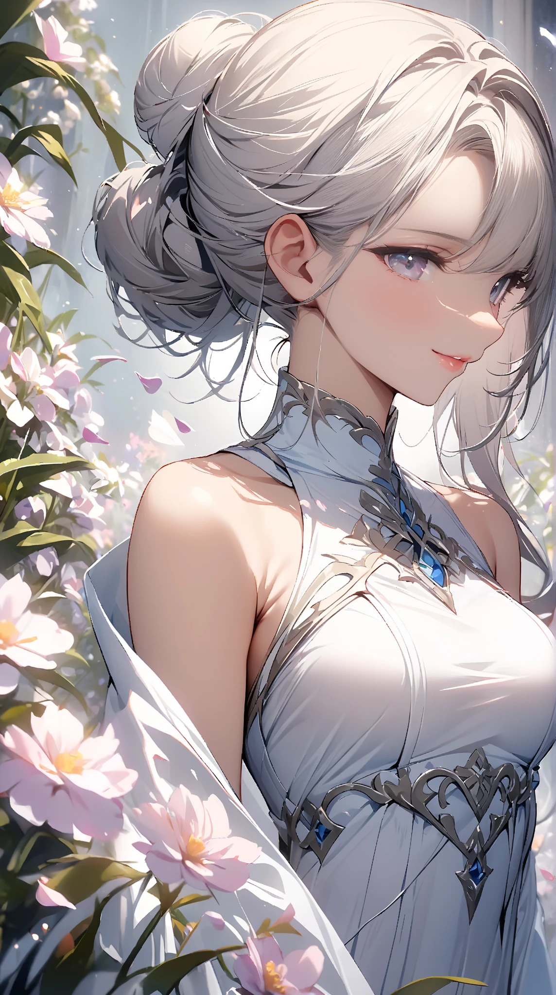 ((masterpiece:1.5、8k、Portrait、Photorealistic and very detailed CG、Very detailed、Particle Effects、Dynamic Effects、Written boundary depth、Cinematic Light、Lens flare、Ray Tracing、Tabletop、Realistic:1.4、超A high resolution:1.2、Realistic、Realistic))((alone、,A woman wearing an extra long shawl over an off-the-shoulder dress:1.4、Dynamic female pose:、Detailed face、Bright expression、young, Brighter, Whiter skin、Ample breasts、Best Looks、Ultimate beauty、Shiny silver hair with highlights、Bright and shiny hair,、Super long, Silky straight hair、Hair swaying in the wind))(Surrounded by fantastic  flowers、White background、Fantastic background、Thin petals fluttering around)
