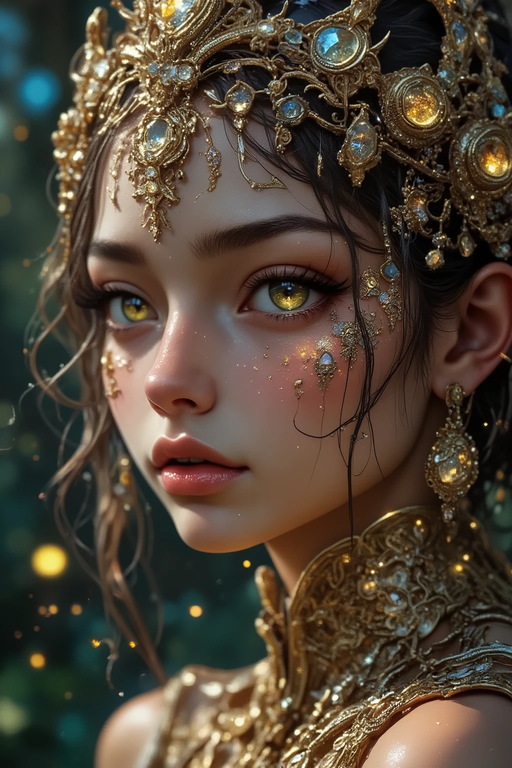 (masterpiece:1.4), (ultra-realistic:1.35), (16k:1.3), extreme close-up of a stunning queen, symmetrical delicate face, luminous brown skin, deep enchanting eyes, subtle confident expression, premium reflective golden crown with large gemstones, micro-ornaments on temples, soft shimmering golden rose tucked in the hair, tiny bioluminescent firefly-like dots glowing gently on her cheeks (very subtle, no exaggeration), hyper-detailed facial texture, perfect anatomy, no distortions, natural highlights, cinematic light over face, soft depth, dark forest background blurred, mystical aura but realistic, color richness, flawless clarity.