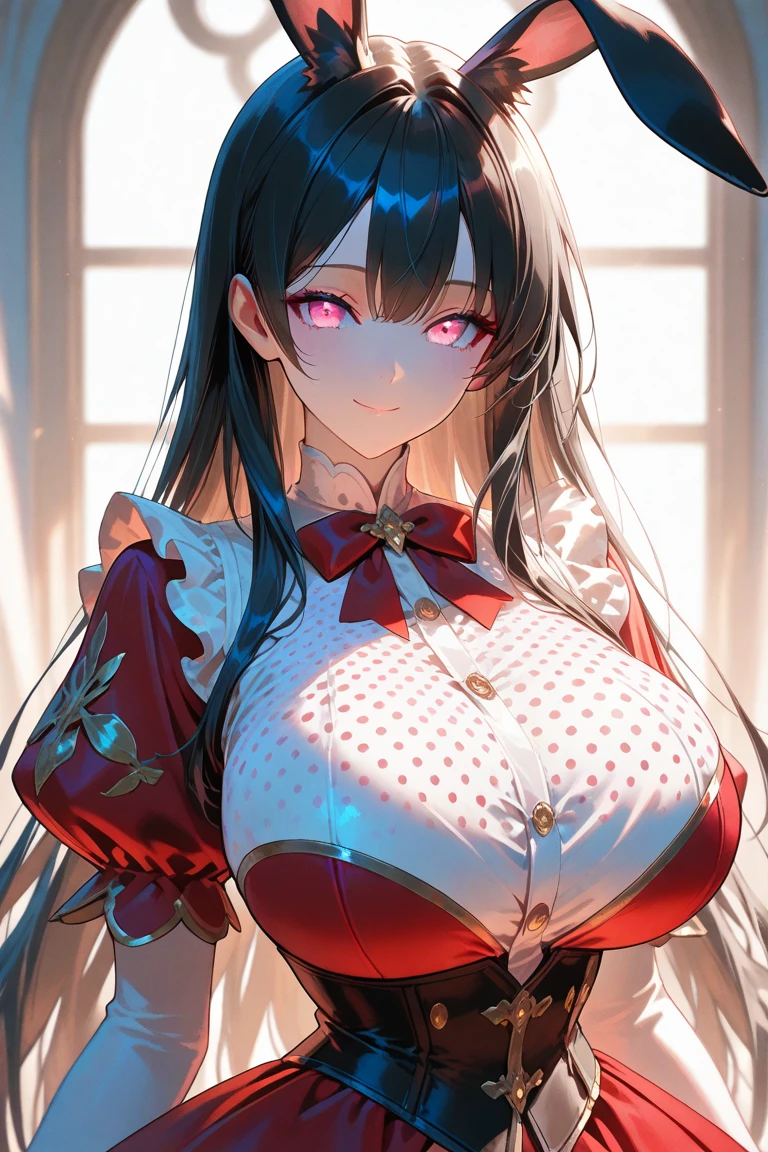 blushing, nose blush, >.< face, embarassed,  woman, (heart motif:0.9), , long curly hair, (((heart outfit)))