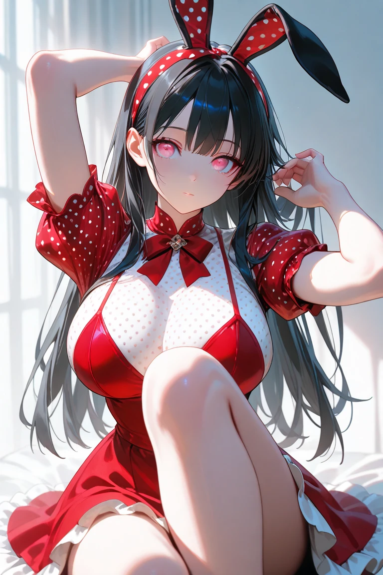 Expressive eyes, (((1 girl))), ((anime)), (Black Hair, ), ((Red eyes))，(Half closed eyes), ((very )), ((Firm )),   ((Exposed thighs)),((goddess，Angel))((Black Dress，See-through)), ((Big Breasts，and )), ((Blunt bangs)), ((white, Race)), ((In the temple)), Captivating smile, Princess Cut, Shiny Hair, (masterpiece),  Anatomically Correct Art, Very detailed, Advanced Details, high quality, 最high quality, High resolution, 4K, 8k, ((mini skirt))，(((Captivating smile)))，