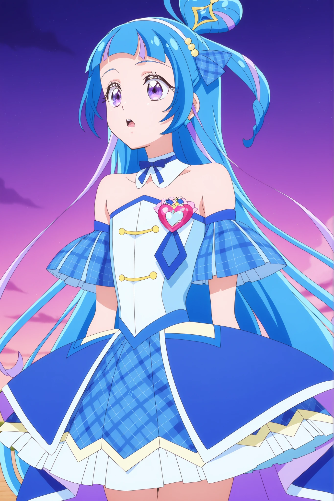cure wink, kimi to idol precure, blue hair, magical girl, mini crown, purple eyes, blue dress, tilted headwear, very long hair, blunt bangs, shoulders, hairband, two-tone hair, purple hair, jewelry, idol clothes, masterpiece, best quality, anime, source anime, illustration,idol heart brooch, thigh ,open mouth ,surprised face ,glossy lips,standing, hands on side ,cowboy shot,from front ,outdoor park background