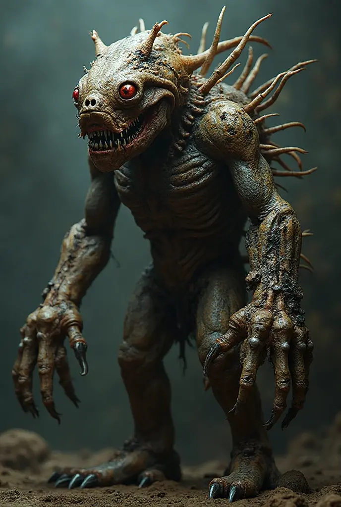 <lora:Pumpkinhead_flux:1>pumpk1nh3@d tall monster, claws, tail,  coming through the door of a rickety shack, clawing the walls, snarling.