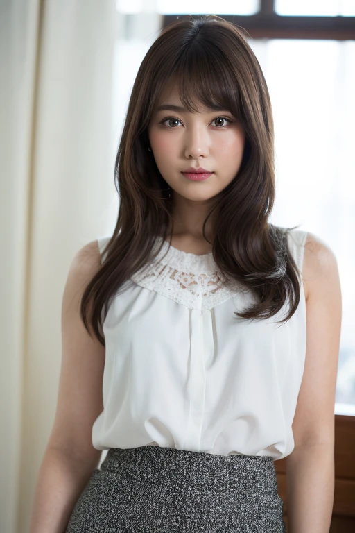 (8k, RAW photo, best quality, masterpiece:1.2), (realistic, photo-realistic:1.37), ultra-detailed, ultra high res,1 girl,looking at viewer,beautiful detailed face,smile,narrow,(slim waist:1.3),shirt, beautiful detailed skin, skin texture, floating hair,professional lighting,