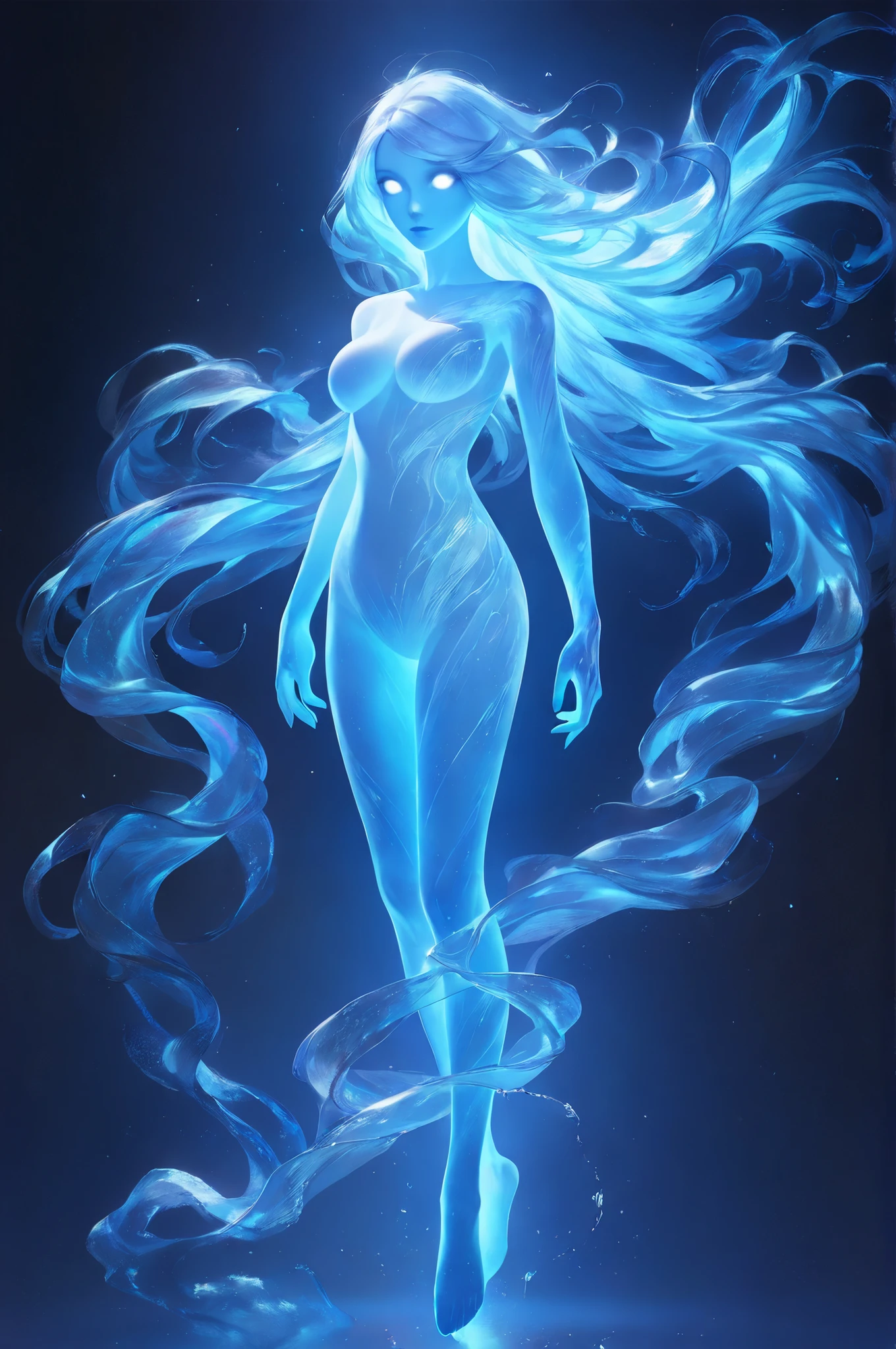 best quality, highres, masterpiece, absurdres, official art, perfect face, 3d, beautiful body, clean body, spirit, solo, long glowing hair, very long hair, glowing eyes, lips, medium , completely , bright blue skin, collarbone, looking at viewer, detailed soft shading, white background, portrait shot, legs, barefoot, ethereal body, ghostly body, (no :2.0), energy body, transparent body, transluscent body, glowing body, radiating body, energy body, body made of ice, incorporeal, flying, elegant pose,