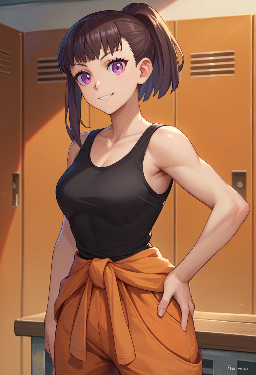 anime screencap,, 1girl,solo, wavy black hair, wavy short hair, wavy hair, wavy hairstyle, black eyes,small breasts,armpits,wet armpits, showing wet armpits, laying down messy hair, messy wavy hair, wavy messy hair,side boob, , showing small breasts, , breasts, cute body, getting, lingere clothing,  lingere