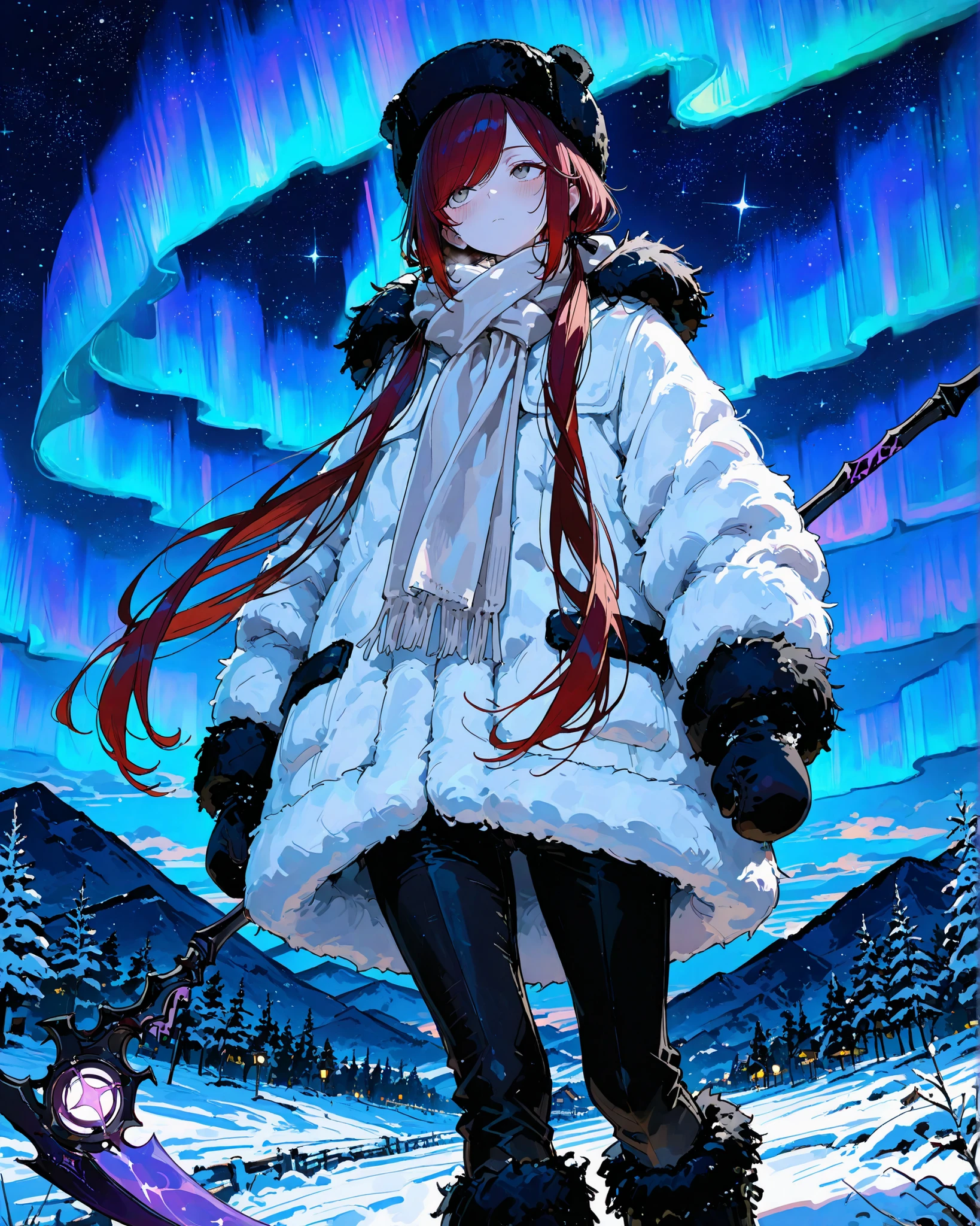 masterpiece, best quality, ultra-detailed, perfect anatomy,
748cmstyle,
gray eyes, dark red hair, long hair, low twin tails, swept bangs, fur hat, black trousers, black mittens, fur boots, light scarf, black fur coat, black scythe with glowing purple edge,
looking up, solo, 1girl,
outdoors, winter, night, starry sky, aurora,
expressionless, blush,