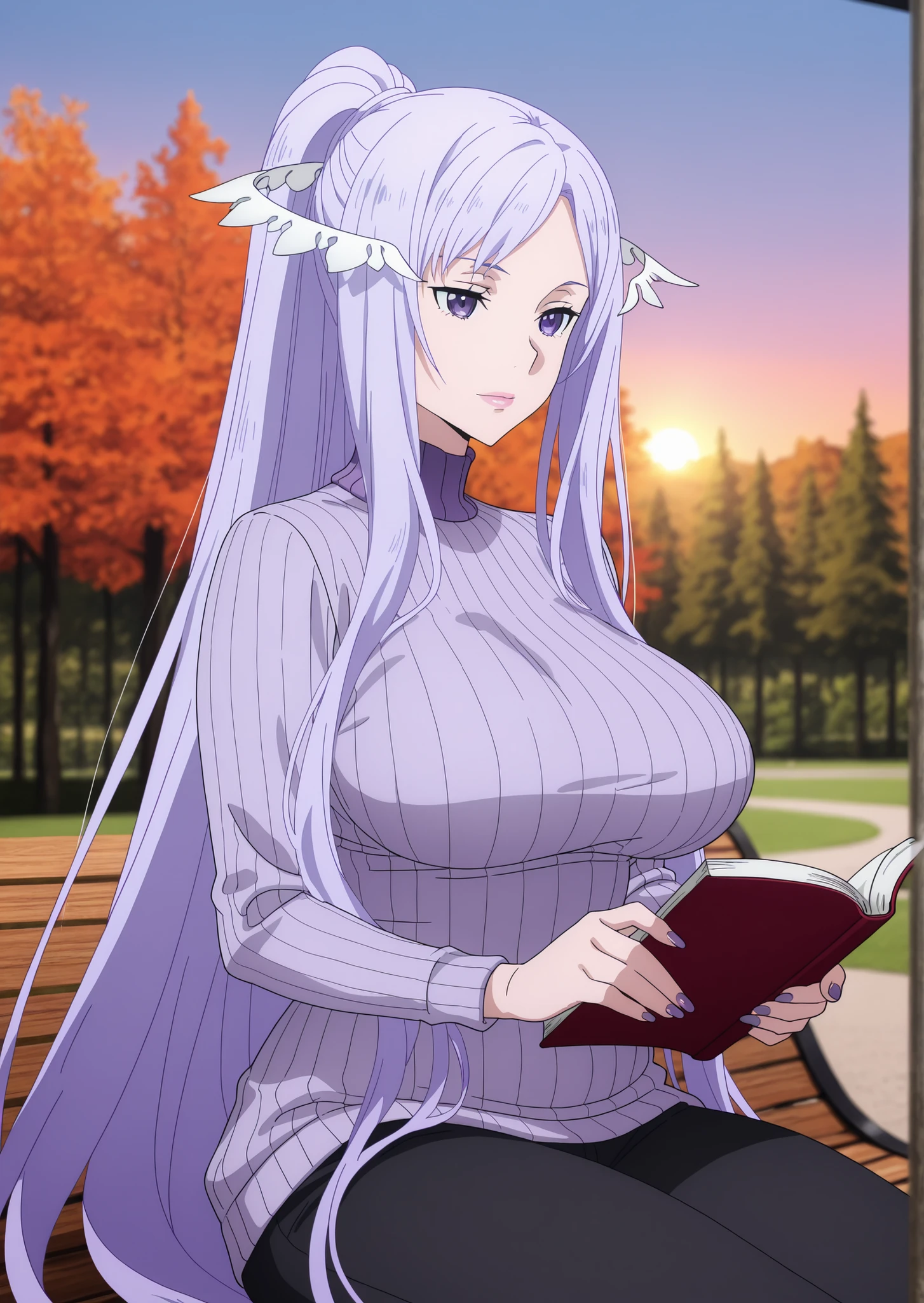 anime screencap, anime coloring, detailed face, masterpiece, best quality, very aesthetic, absurdres, volumetric lighting, quinella, 1girl, adult Mature female, long hair, purple nails claws, light purple hair, ponytail, sidelocks, purple eyes, attractive face, strict attributes, medium head, ractical body shape, glamorous bodies, attractive bodies, fit bodies, motherly, large Curvy, Slutty, Neat, big breast, medium breast, big hips, thick thighs, Toned thighs, high body, ((purple turtleneck sweater, black pants,)), both holding Bible book jesus cross, reading, looking at books, lips, standing , sitting on a park, cowboy shot , autumn , scenery , forest , tree , day , photo background , sunset, blurry background,