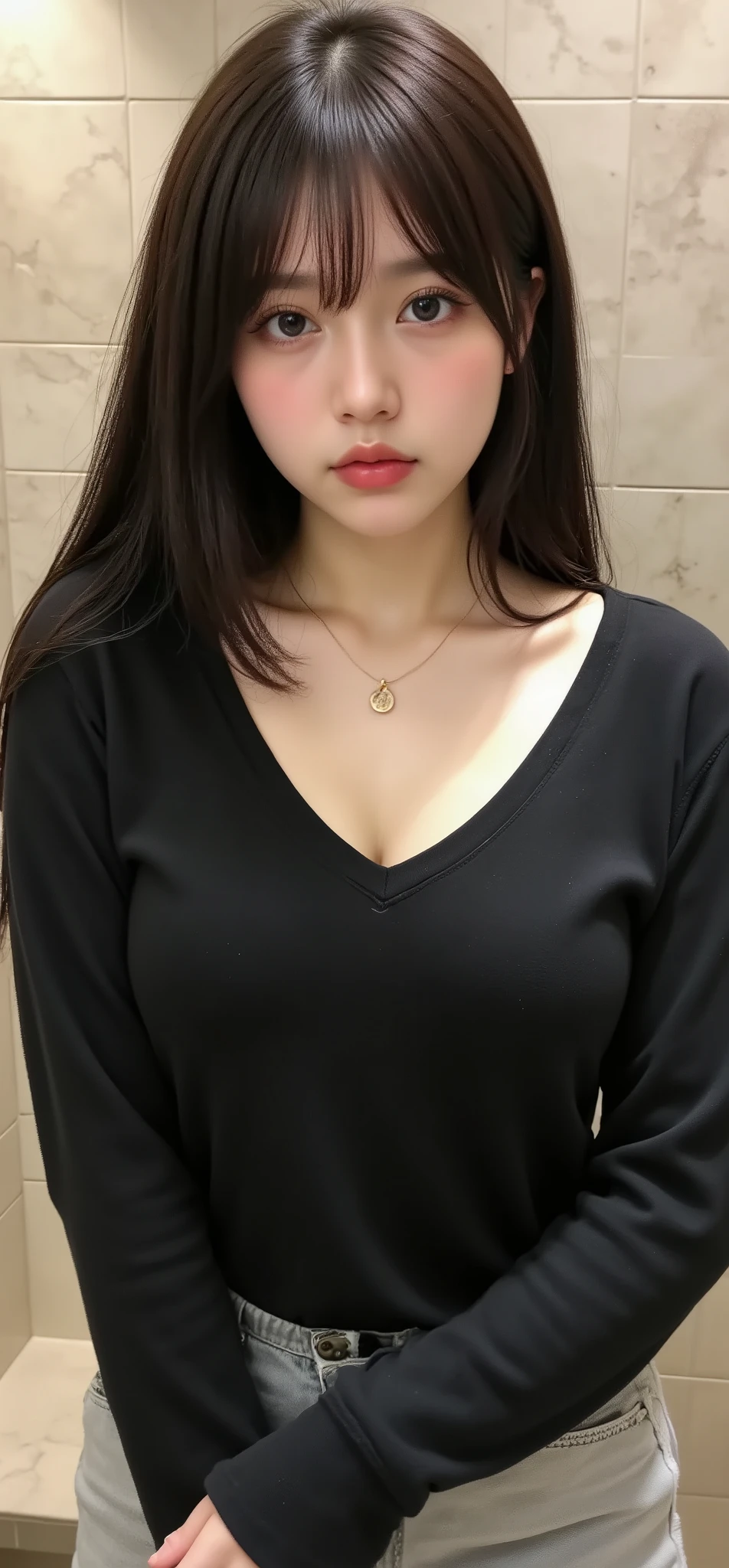 masterpiece, top quality , illustrations, super detailed , Details, high res, 8k,wallpaper, perfect dynamic configuration,(Detailed and high quality, realistic depiction of eyes kissed in the changing room:1.3), standing, curvy, v-neck sweat,black sweat,downblouse,long sleeve,sweat pants,gray pants, twin tail, in the background, deep in the field, meduim , black hair, big natural color lips, plump lips, lipstick, (cosmetics), Completate, Crying a little、 Harajuku style、 20 year old girl 、 cutest type on women、 beautiful legs, gravure idol