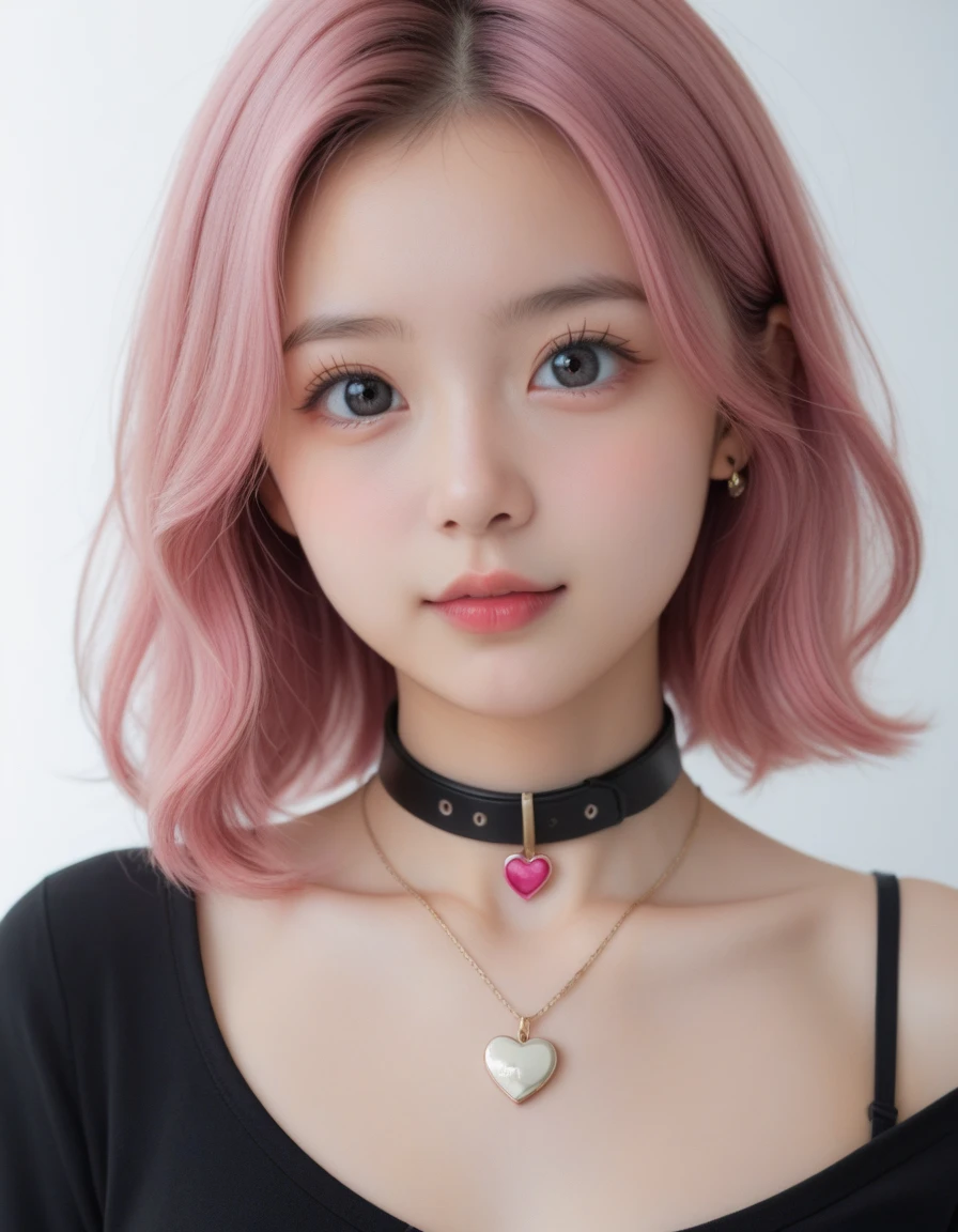 1 girl, 19 years old, south korean, 4k, masterpiece, frekles under eyes, short whavy pink hair, bob haircut, pink eyes, red lips, red eyeliners, massively large breast, off shoulder pink top, discovered breast, tattoo in the neck, gold necklase, tilted head, happy, big smile, perfect teeth, lots of frekles under eyes, selfie, close shot, detailed face, face focus, facing camera.