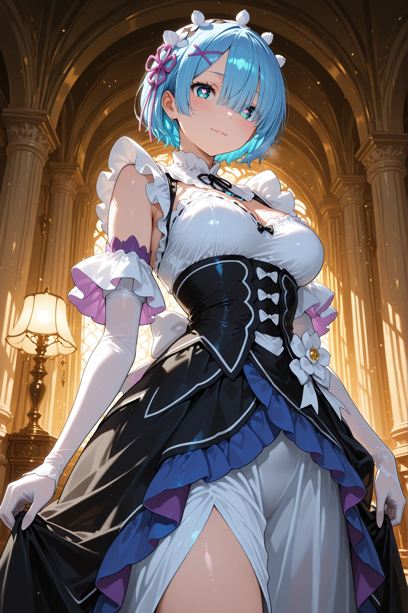 ,masterpiece,4K,1 girl,better quality,great quality,very beautiful,solución extmadamente alta,Newest, cute girl playing with snow, ,Eye color is green/Blue, highly detailed sleeveless evening dress, with extra long velvet gloves ,entlaza sus manos acariciando sus guantes, (optical lighting 1.3) partículas en el ai, flower decoration in the hair. (highly detailed hair) heart-shaped pupils, m (:zero),short hair, blue hair, hair ornaments, ribbon, maid headdss, hair,