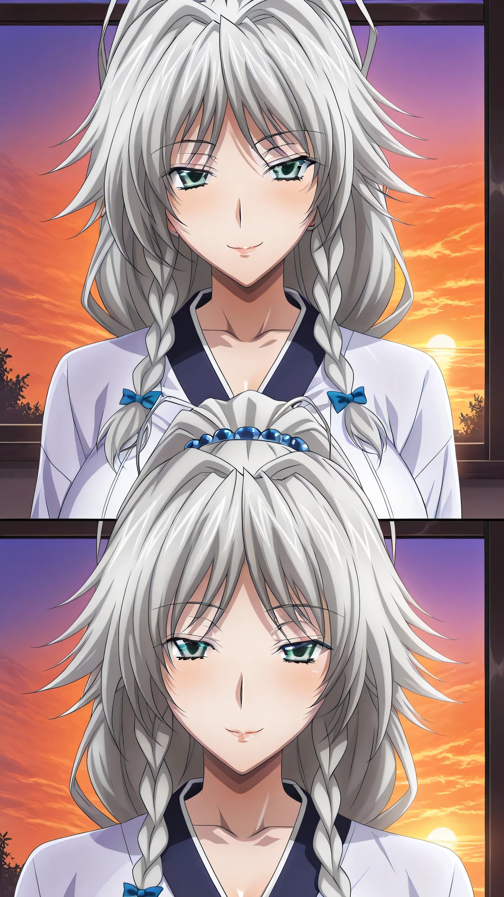 Superb quality , Artwork, detailed depiction, Greyffia Lukifugus, Silver Haired Beauty, smooth bare skin, Graceful Appearance, Expression, window side with sunset, sensual scene、grayfia lucifuge,high school dxd,school uniform,ponytail,large breasts,(seductive smile:1.2),face focus,kimono