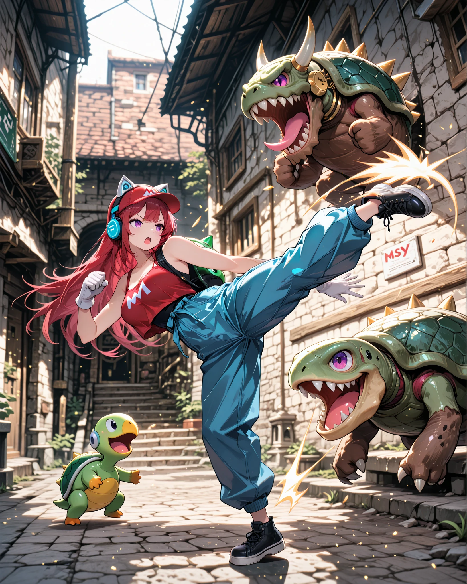 Side angle, (masterpiece, 4K, ultra-detailed, vivid and vibrant colors), {Jessy}: (a beautiful and attractive woman with long red hair and purple eyes, wearing headphones with cat ears, a red hat with the letter M in white, a red tank top and a blue jumpsuit over it, black shoes and white gloves, kicking a green turtle shell towards small brown monsters that are just a head, with two little legs like black sneakers, big round eyes and a huge mouth with sharp teeth, Jessy's pose is dynamic, kicking, making a victorious expression), a setting like a retro video game inspired by the game Mario World, well lit and with shadows throughout the environment.