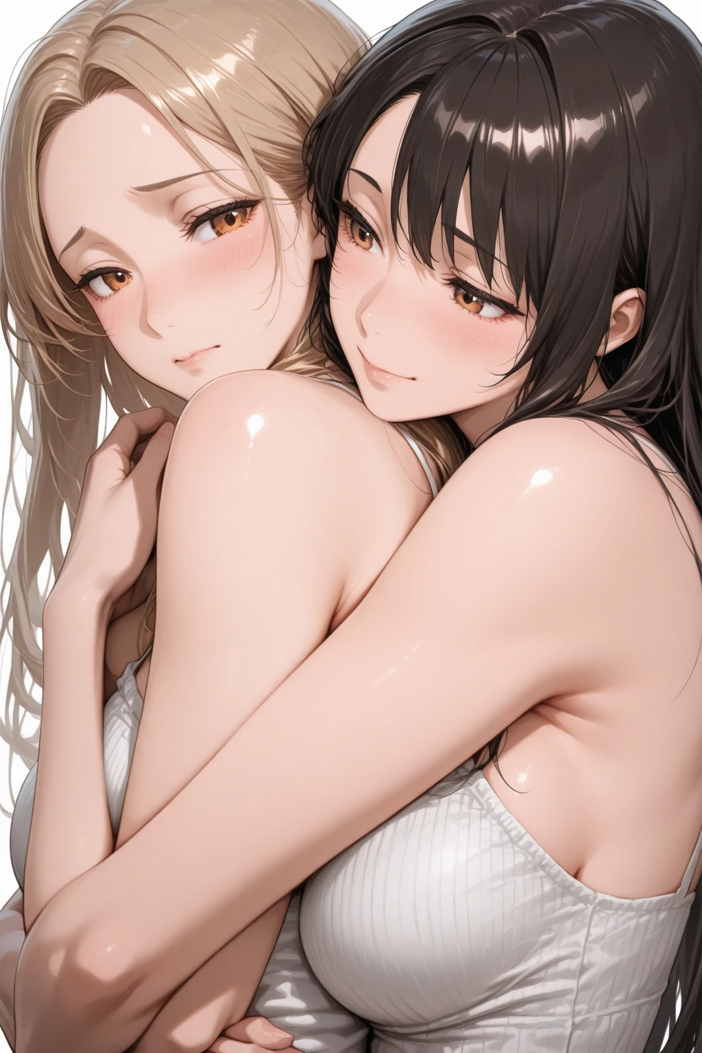 masterpiece, best quality, multiple girls, , multiple girls, shiny skin, dark skin, random pose, pose, pose, , , ((white background)), small , , large , , , lesbian, futa with female, variety of hairstyles,
