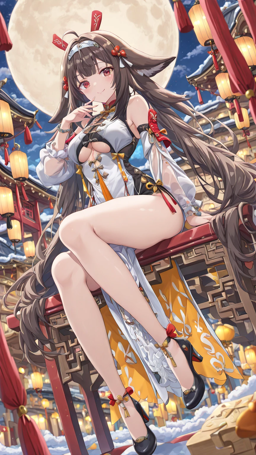 (masterpiece:1.2),best quality,PIXIV,
Anchorage ( Moonlit Boat Ride),1girl,breasts,manjuu \(azur lane\),one eye closed,dress,cup,thighhighs,long hair,large breasts,china dress,chinese clothes,looking at viewer,sitting,cleavage,bare shoulders,clothing cutout,smile,pelvic curtain,cleavage cutout,red eyes,solo,black dress,official alternate costume,holding,sleeveless dress,sleeveless,lantern,very long hair,underboob cutout,candle,holding cup,teacup,brown hair,from above,brown thighhighs,water,gold trim,table,twintails,closed mouth,night,;\),food,teapot,reflection,
<lora:Anchorage Moonlit Boat Ride_20240202152152-000018:0.8>,