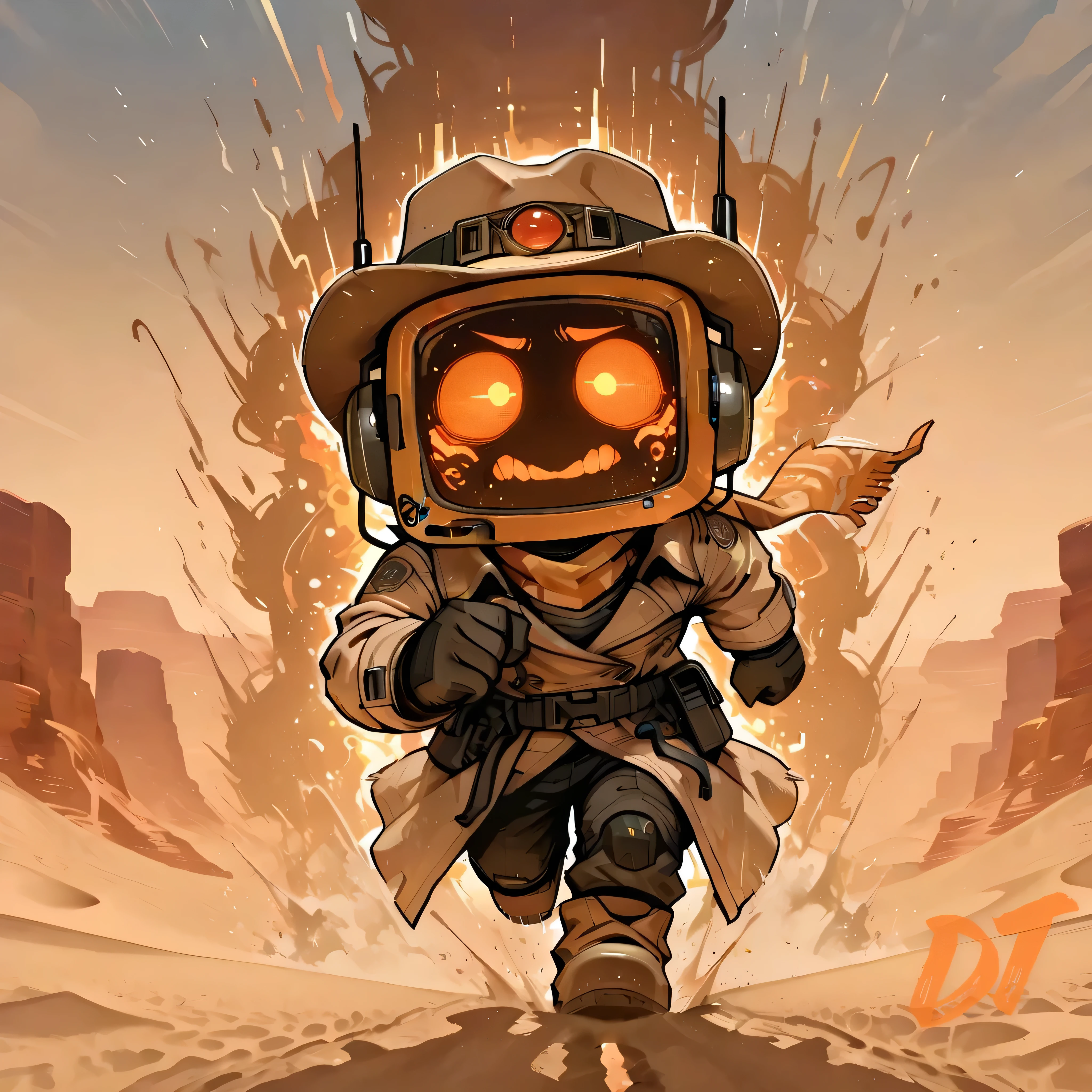 [The Horror Radio], (masterpiece, best quality:1.2), solo, chibi style, 1boy, radio_head, expressive normal_face, glowing eyes, orange screen lights, glitch_face distortion, tracking monster trails, hands on sands, (running,intense sprinting), (exhausted,eyes half_lid eyes), clenched_teeth,

RUNNING through a massive desert dune field,
legs kicking up sand, dust bursting behind him,
body leaning forward in full sprint, high-speed chase pose,
explorer / desert outcast outfit:
light desert coat, layered cloth pieces, explorer scarf blowing in wind,
loose belts, small gear bags bouncing, worn desert boots,
wide explorer hat or wrapped scarf over head (choose one),
sand goggles slightly lifted, scarf fluttering wildly,

BEING CHASED by a **Giant Desert Worm Monster**:
huge worm erupting from sand, jaw wide,
sand blasting upward around its mouth,
massive shadow over the dunes,
deep glowing eyes, tribal-tech markings,
scale-texture glowing faintly with desert heat,
giant size emphasized by perspective,
worm creating sand waves behind it from speed,

CHASE ENERGY:
motion lines, dust shockwaves, fast BPM visual rhythm,
directional wind streaks showing rapid movement,
footprints turning chaotic, sand splashing like impact drums,
glitch particles scattered from Radioman’s screen,
pink and purple distortion vibrating as he runs,

FUTURISTIC DESERT AMBIENCE:
heat haze distortion + glitch haze merging,
tribal-tech drums visualized as small pulsing air distortions,
deep bass rumble illustrated by sand rings behind each step,
minimal neon accents for futuristic touch,
desert sky bright, harsh, cinematic golden-orange tones,

MONSTER APPROACH MOMENT:
worm mid-lunge, sand exploding upward,
casting huge shadow over Radioman,
scale of creature emphasized with foreground-to-background depth,
feels like boss encounter, survival moment,

ATMOSPHERE:
fear, adrenaline, survival energy,
sandstorm beginning to form behind monster,
long dunes stretching far, sunlight burning low,