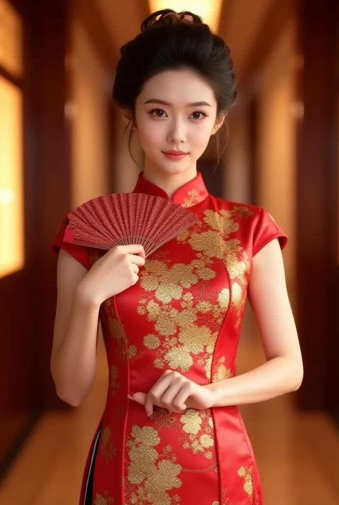 Chinese new year girl wearing qipao cheongsam holding a red packet, bright sky, clouds, new year 2024,in Yangon.