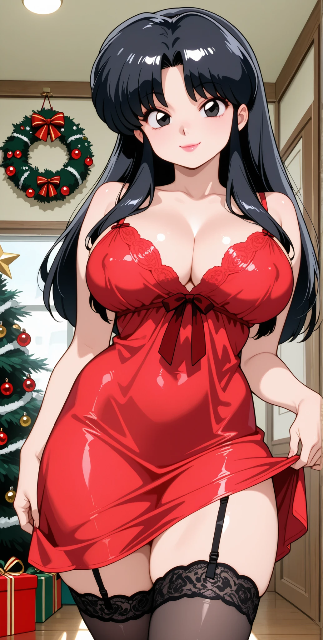 akane tendou, female, mature, solo, smile, pink lips, black eyes, detailed eyes, light black hair, long hair, parted bangs, BIG breasts, short sexy dress, nightgown, red nsfw sexy dress, lingerie stockings, cleavage, waist, hips, thighs, amazing quality, black skin, high definition, sexy pose, room, day, interior, Christmas decorations, akane tendou / ranma 1/2,