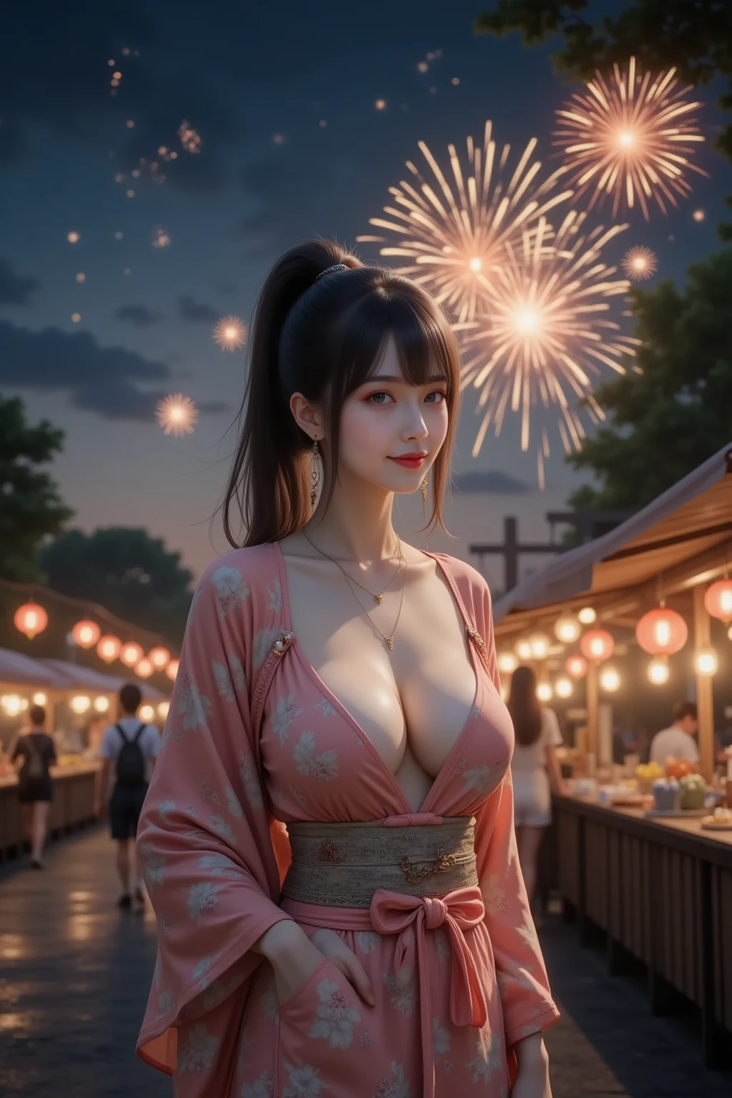 ((16K)),(masterpiece:1.3, Highest quality, Ultra-high resolution, Very detailed), (Realistic, photoRealistic:1.4), Perfect lighting, Written boundary depth, Browsing Caution, Surrealism,Face Light,(( Large Breasts)),Beautiful detailsまでこだわった髪,((Beautiful eyelashes)), Beautifully detailed face, Beautiful details, Beautiful body, thin脚,Beautiful , Beautiful legs, ((Beautiful fingers)), thin, 1 girl, 23 years old,Perfect Face, Long eyelashes,Perfect , Long necked supermodel,((Skinny 1.2)),(Perfect Anatomy,Anatomically correct, Very detailed肌), Glowing Skin,((beautiful girl:1.1)),(Medium Hair:1.4, Wavy Hair:1.2,Black Hair) ,((With bangs)),Dainty facial structure,((A happy smile with a wide open mouth:1.3)),Just like the whole body,((Spread your legs:1.3)),((Wind power increase)),((Wind effects)),pinkの,((From below:1.1)),((Wearing very elaborate clothing (pink) Japan traditional floral yukata:1.1)),The length of the yukata is short, Showcasing vibrant and sophisticated designs, Generates an image of a night sky filled with colorful fireworks. The background should feature a variety of vibrant fireworks., Create a festive and celebratory atmosphere,beautiful Fireworks,((Wide Shot:1.3)),
