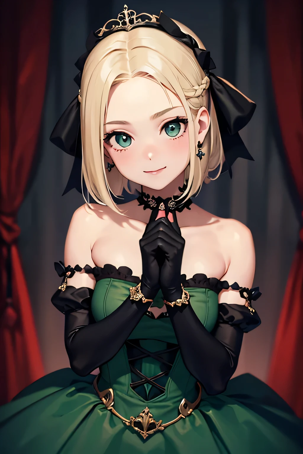 8k resolution, Delicate Features, , braley to imasa, unique pupils, shy smile, Blonde, princess cut,  Bow Hair Ornament , brooch, The dark green velvet dress, Lolita Style, Gothic Style, velvet long gloves,Hands clasped, shows the viewer facing, Otaku room, Female Imp