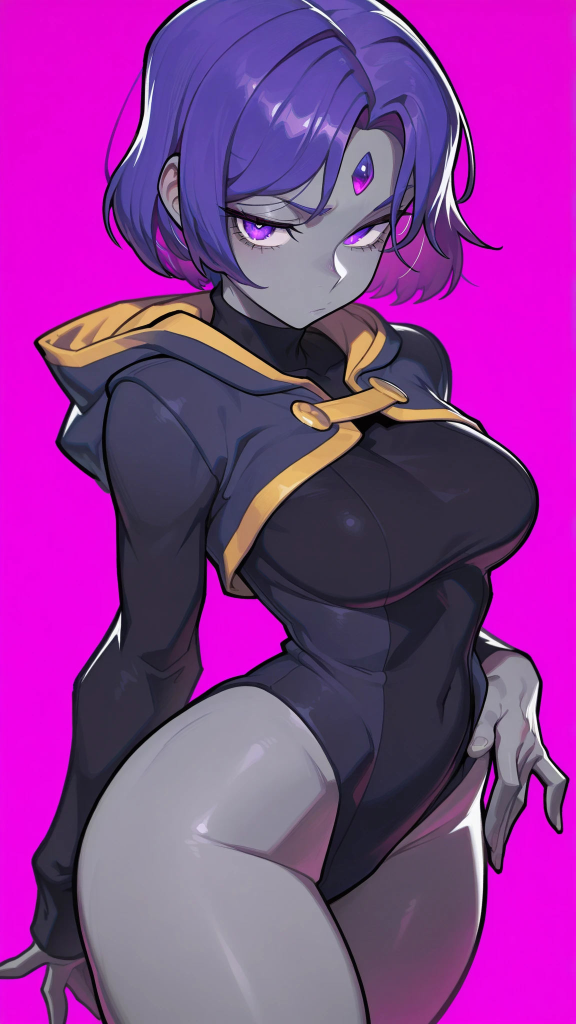 massive breasts muscular toned body black hair yellow eyes pale skin expressionless sad