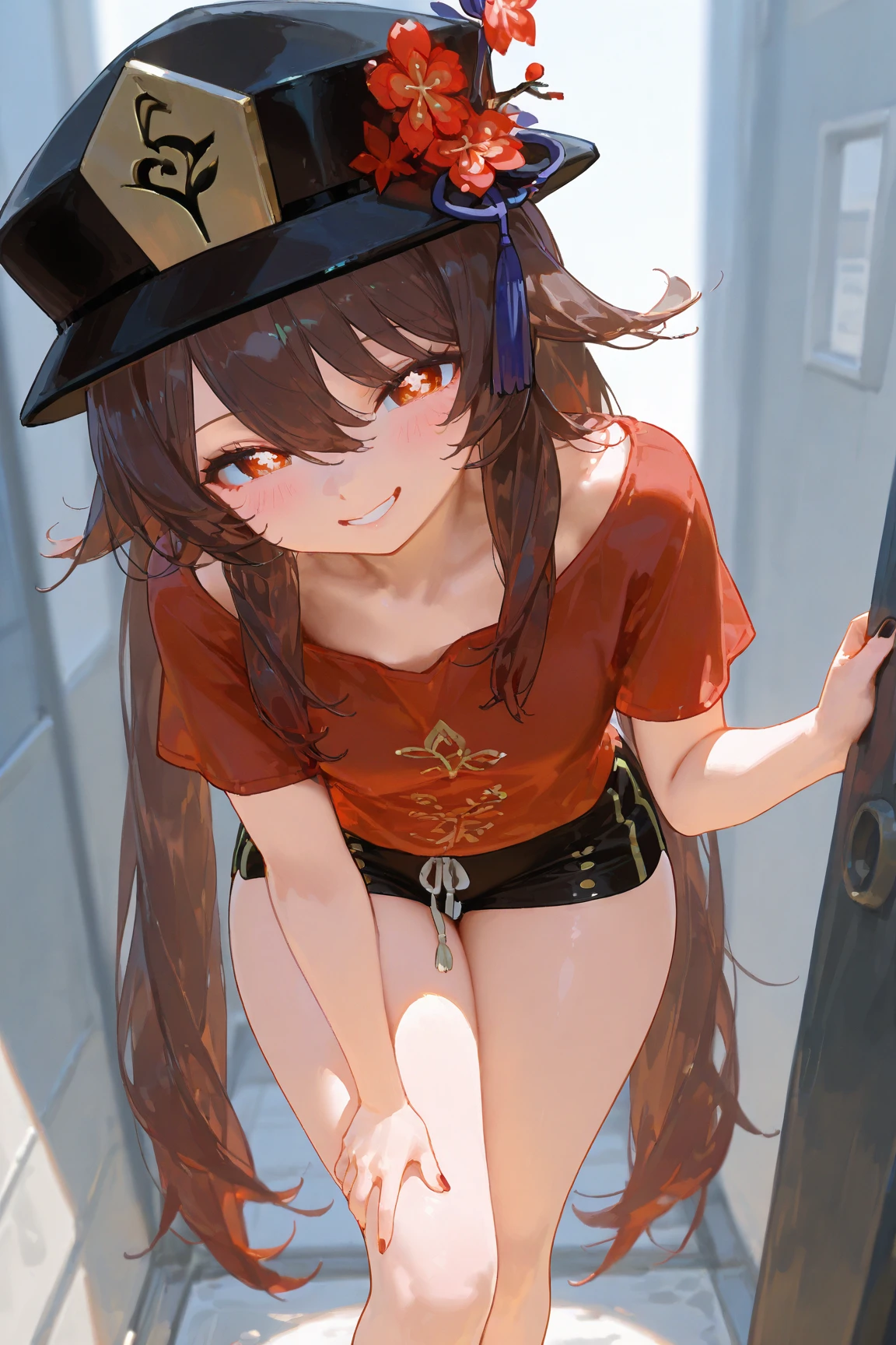 Megumin, One girl，alone，Short and long hair，Brown Hair，Red Eyes，Small breasts，clavicle，Thin legs，Red dress，Gold border，Black choker，Bandage on leg，Black ，Sitting shyly，Hands behind back，Spread your legs，Skirt flipped up，Western-style toilet，Toilet，Inside the private toilet，