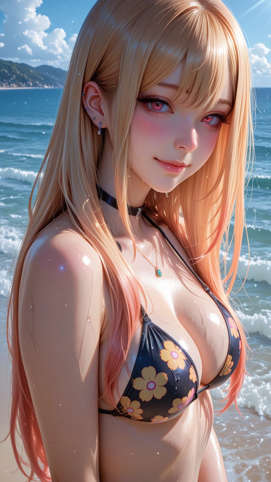 (Masterpiece, BestQuality:1.3), (ultra detailed:1.2), (hyperrealistic:1.3), (RAW photo:1.2), High detail RAW color photo, professional photograph, (Photorealistic:1.4), (realistic:1.4), professional lighting, perfect , (Big Breasts:1.2), (blush, detailed face), (cheerful Smile:1.5), Trending Hair&Trending Hairカラーをランダムに, earrings, necklace, bracelet, sexly,  sexly, Random sexy gravure poses, (A pink-haired beauty wearing a yellow bikini、Smiling and posing sexy while holding a surfboard on the beach in spring。: 1.3)