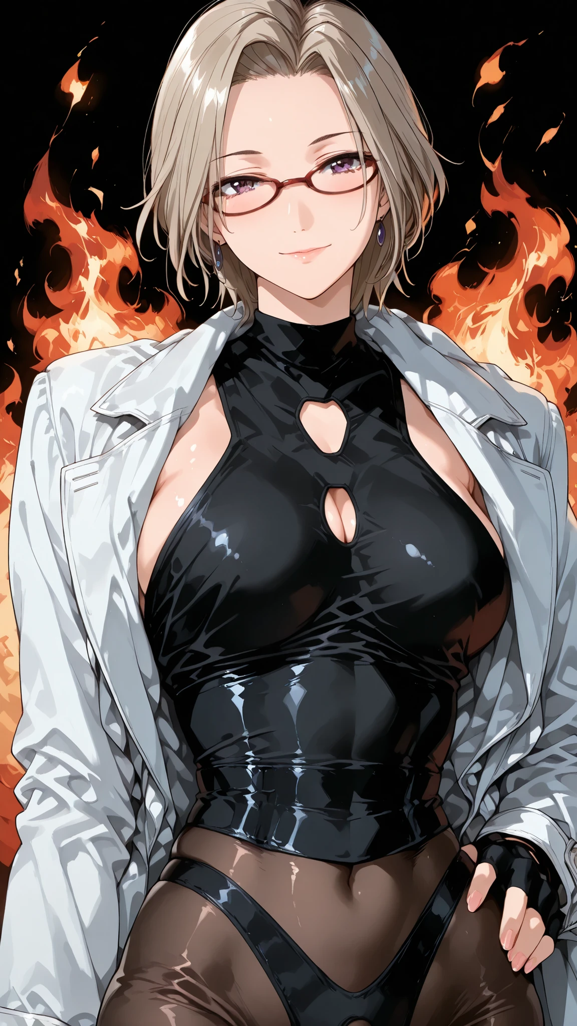 solo, tomoe (accelerando), purple eyes, brown hair, short hair, glasses, mature woman, Tight waist、Small waist、shiny Skin , (upper body), sexy, (adult woman, 25+), score_9, score_8_up, score_7_up, source_anime,(extremely detailed CG), (best quality), platinum blonde hair, female fire warrior, form-fitting battle suit with flame patterns,
armored corset with dragon scale texture, asymmetrical cape,
fingerless gloves with fire runes, thigh-high boots,
burning phoenix emblem