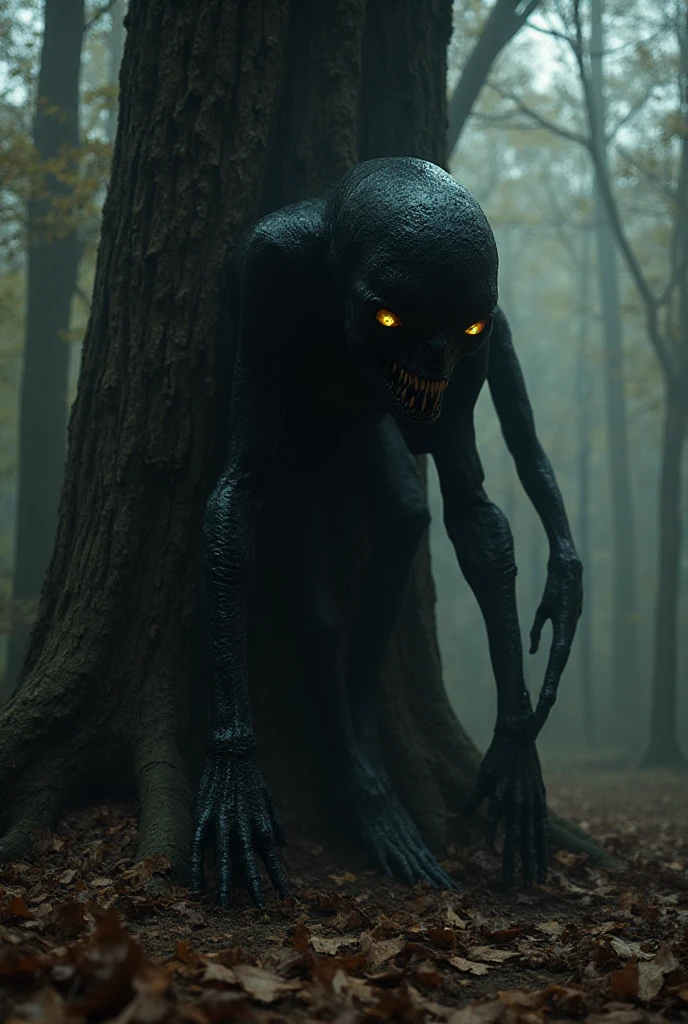 ((best quality)), ((with ink)), (night: 1.2), boa constrictor-headed humanoid monster with bright white eyes, skin black as burnt charcoal (portrait from afar), expression of anger, in a haunted forest, dramatic cinematic lighting, soft edge lighting, (bloom: 1.2), photographed on a Canon EOS R5, 50mm lens, F/2.8, HDR, professional, dramatic cinematic lighting,  (backlit: 1.2), hard edge lighting, cool and vibrant colors, (dusty air: 1.3)