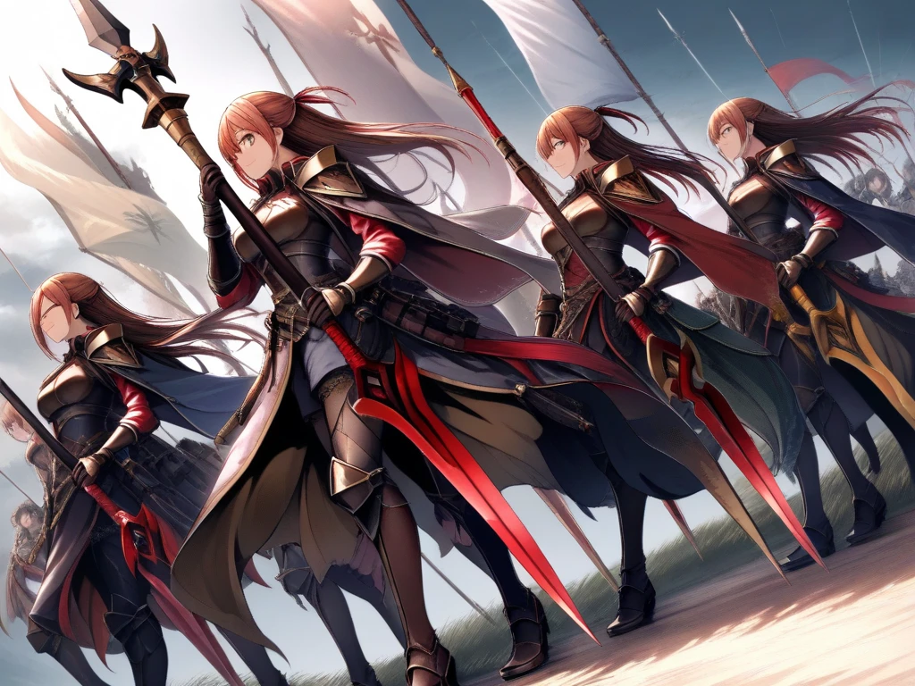 A group of  female knights, (in forest), various hair styles, harem, wearing armored clothes, metal armor, night, details face, , short skirt, seducing, sword 