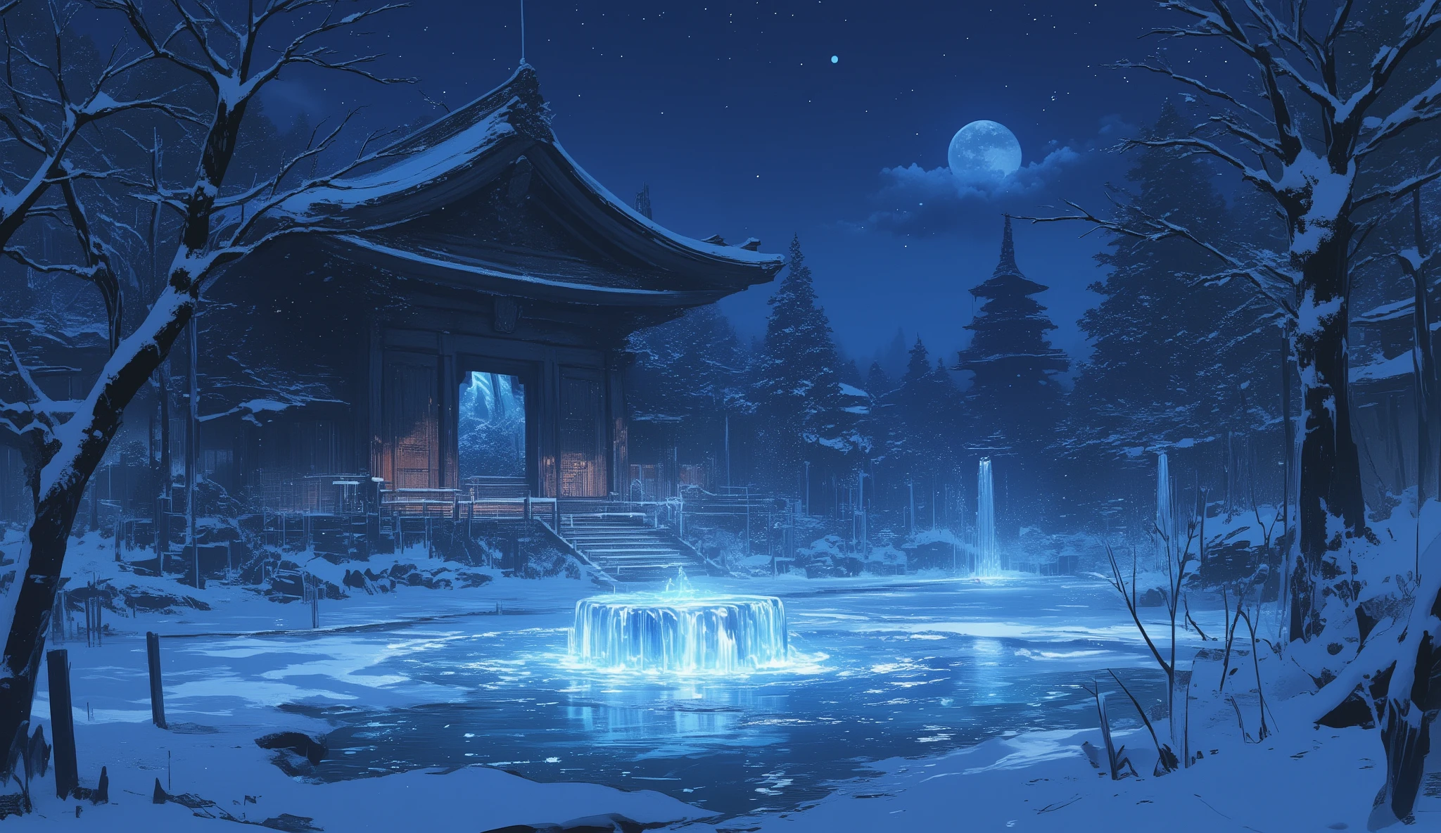(best quality, masterpiece, photorealistic, elaborate details:1.2)abandonedin a winter, and a frozen little fountain, it's nighttime and the moon shines bright along the stars, ghibli style, temple