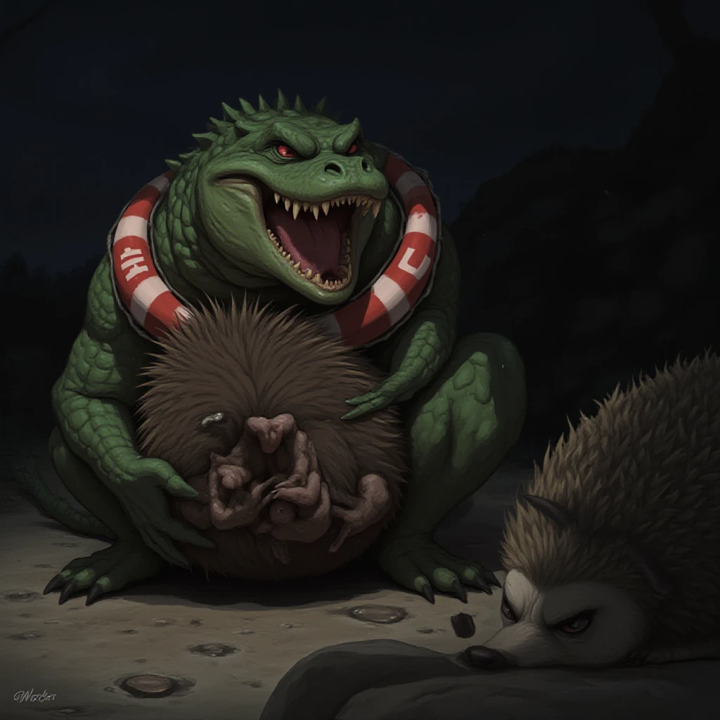 (feral male green Yoshi ), (male werewolf) score_9, score_8_up, dream prompt:score_9, beautiful, detailed cute face, blushing, shocked expression, reverse suspended congress, looking surprised, crying, forest, feet in view, foot shot, crying, , green feet, ((3 toes)), ((screaming)), foot focus, huge feet, , saliva, hyper feet, , spreading legs, arms behind back, grabbing butt, abdominal bulge