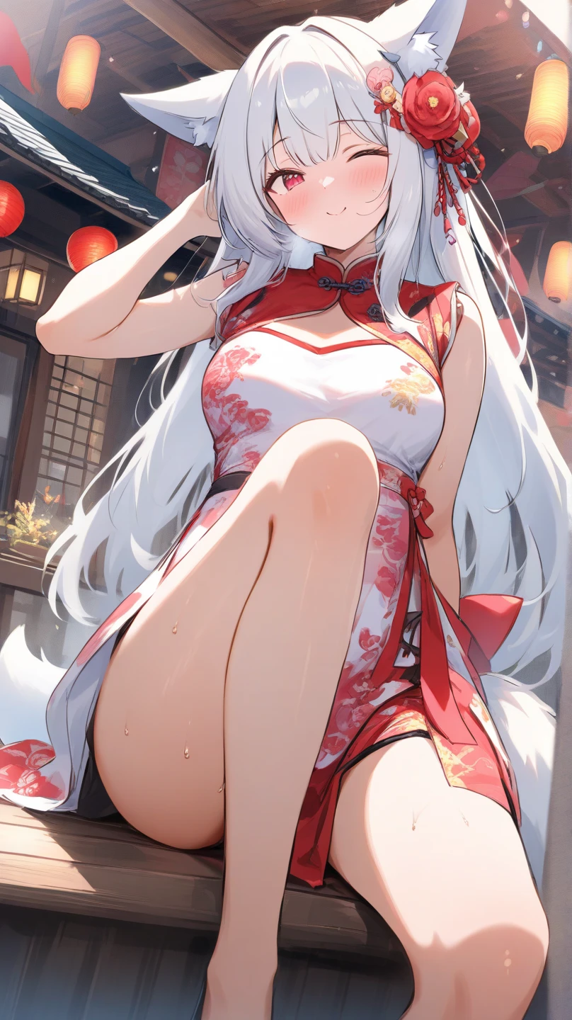 ((One personの女性)), Beautiful Face, (head tilt:1.2), ((laugh)),((Wink:1.9)),((Touch your lips)), Laugh with your mouth wide open,((Bright red cheeks:1.4)),Shiny red lips,night,rooftop,You can see the ocean, firework,Laughing with your mouth open,Glossy pink lips, lighting,((Anime style background)),masterpiece, Highest quality, so beautiful,up to date, Complex details, (Pink long nails), (4fingers and 1thumbs), (ring),(bracelet),(choker),AI-generated, Complex,High resolution, Highest quality, super high quality,3D Images、3D Images,One person,Long white hair,High Ponytail,(blue eyes),Anime woman posing for a photo, ((Fine grain、Silvery white colorful eyes、Shining Eyes:1.3)),(Squint your eyes:1.1),a hyperRealistic , hyperRealistic , Realistic,Anime woman with long white hair, Smooth anime CG art, A woman in a colorful kimono with gold embroidery, (Black long sleeve kimono),Red floral pattern,Long flower hair ornament,Earrings,Mature Body,(Big Breasts:1.1),Tall,Abdominal muscles,Narrow waist,(Zoom up to face:1.7),Shooting from diagonally below
