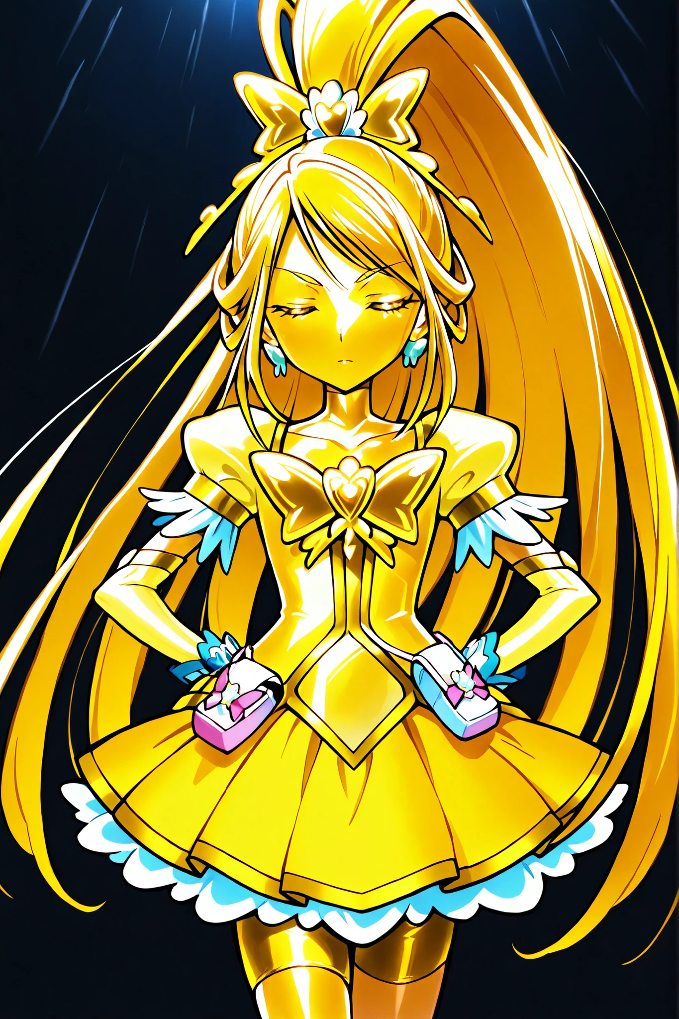 Cure Aqua, masterpiece, top quality, Newest, very high resolution, close eyes, gold髪, jaundice , Close Your Mouth, No students , Yellow skin, glossy skin, gold属の肌, Black eyebrows, Troubled eyebrows, 1girl, solo, cowboy shot, standing, dynamic, watching viewers, I'm sleeping, Serious look for that year, black background, place your hand on her waist , wide ponytail, gold_Butterfly Brooch , gold_shorts, gold_butterfly hair ornaments, long hair, gold_shorts, ponytail, Magical Girl, gold_skirt, bike shorts, gold_shorts under skirt, hair ornaments, gold_gem, high ponytail, Metallic Outfit