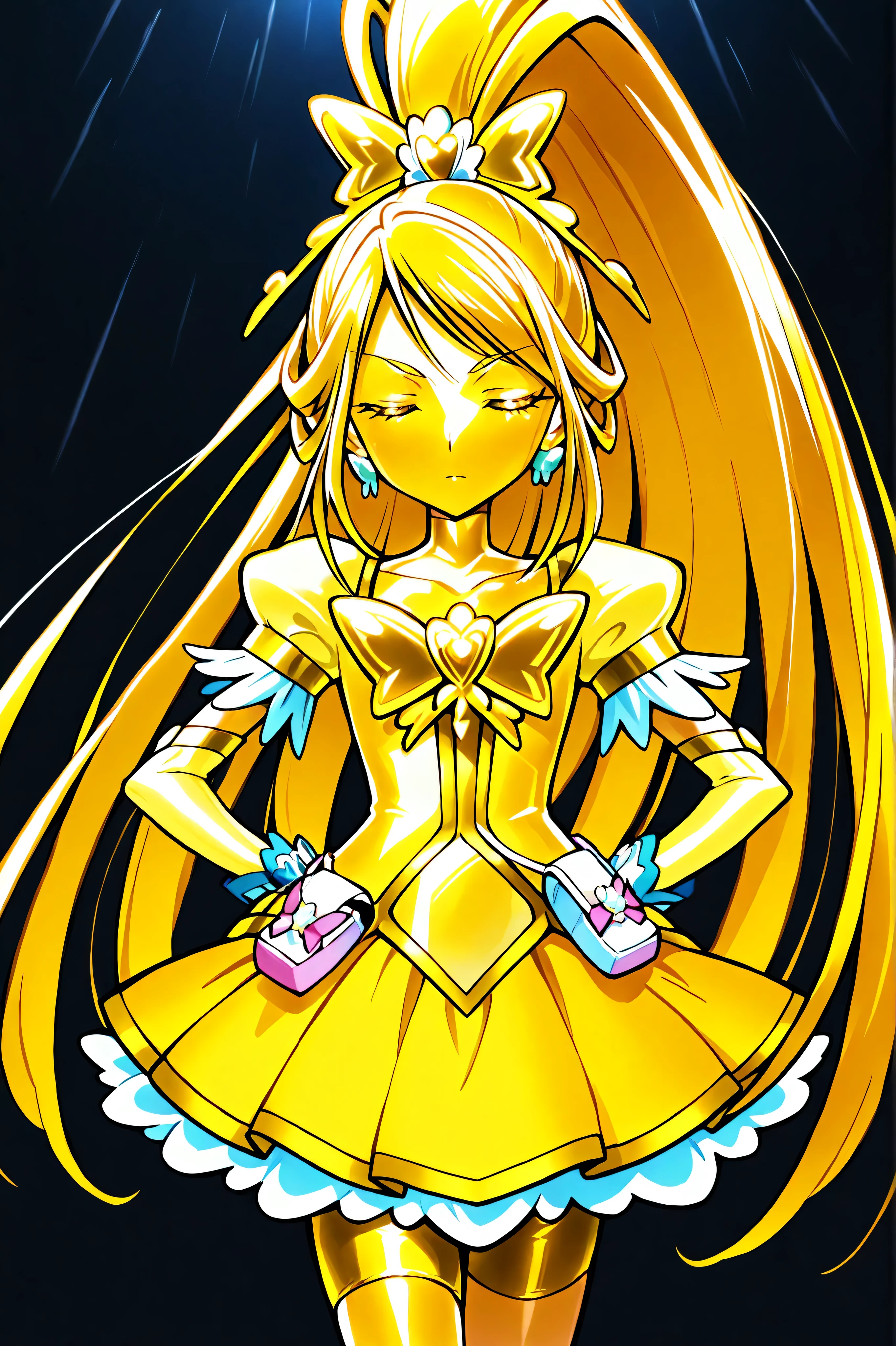 Cure Aqua, masterpiece, top quality, Newest, very high resolution, close eyes, gold髪,  jaundice , Close Your Mouth,   No students  , Yellow skin, glossy skin,  gold属の肌, Black eyebrows, Troubled eyebrows, 1girl, solo, cowboy shot, standing, dynamic, watching viewers, I'm sleeping, Serious look for that year, black background, place your hand on her waist , wide ponytail, gold_Butterfly Brooch , gold_shorts, gold_butterfly hair ornaments, long hair, gold_shorts, ponytail, Magical Girl, gold_skirt, bike shorts, gold_shorts under skirt, hair ornaments, gold_gem, high ponytail, Metallic Outfit