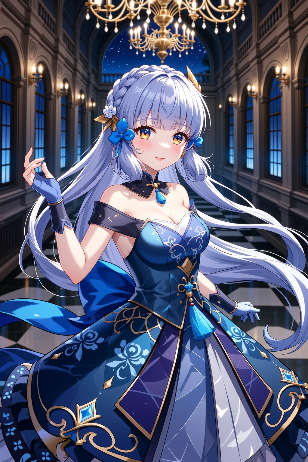 A girl with long blue hair, wearing a royal dress, on her head is a royal palace, surrounded by falling hydrangea petals, magical and shimmering colors, magical and sparkling effects, all remote scene